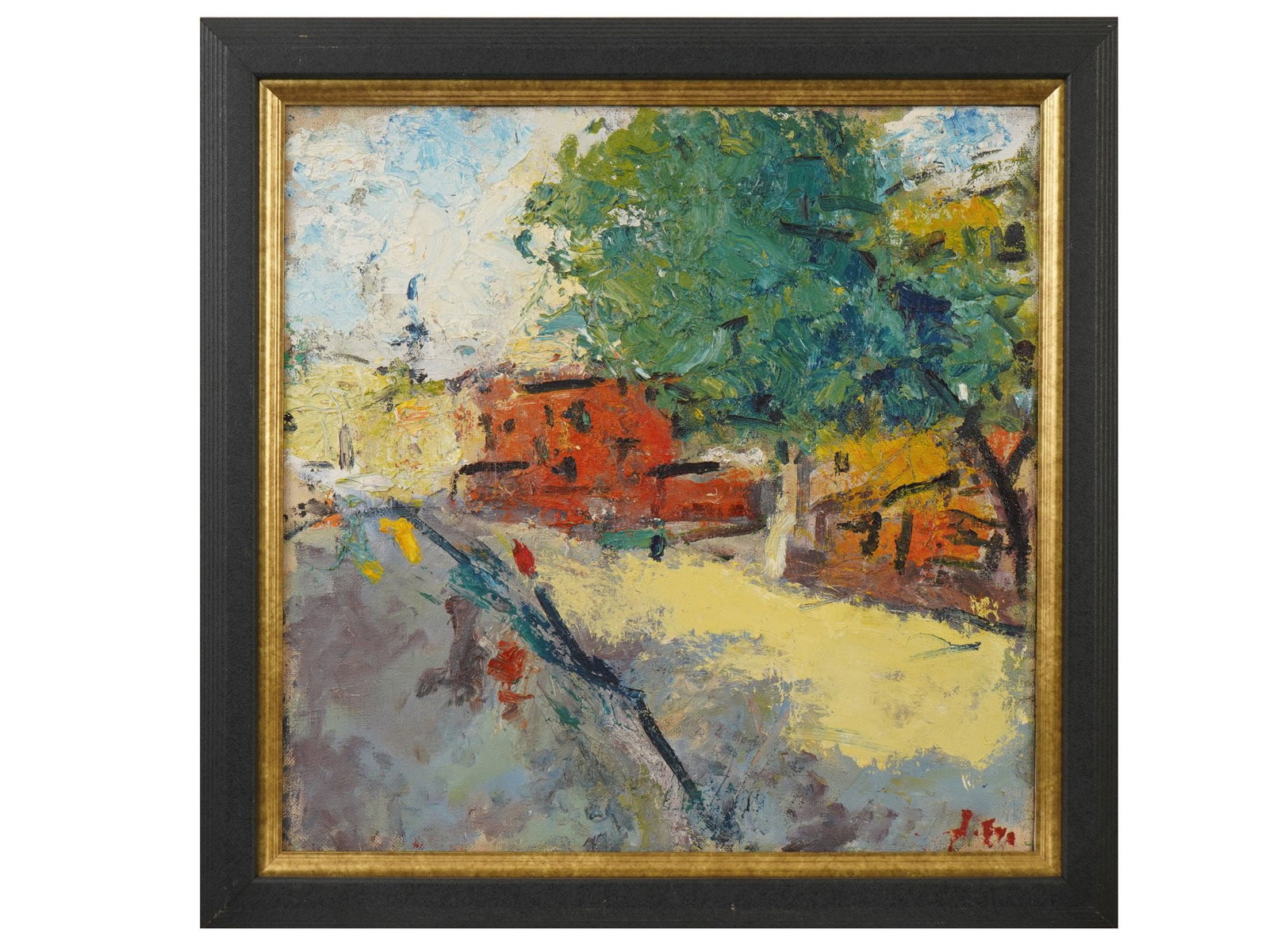 ARON BUKH RUSSIAN IMPRESSIONIST LANDSCAPE PAINTING: Aron Bukh, Russian, 1923 to 2006, oil painting on canvas. Town street view. Impressionist pictorial manner, impasto technique. Signed lower right and on the backside. Dated 1994. Framed. Aron Bukh was
