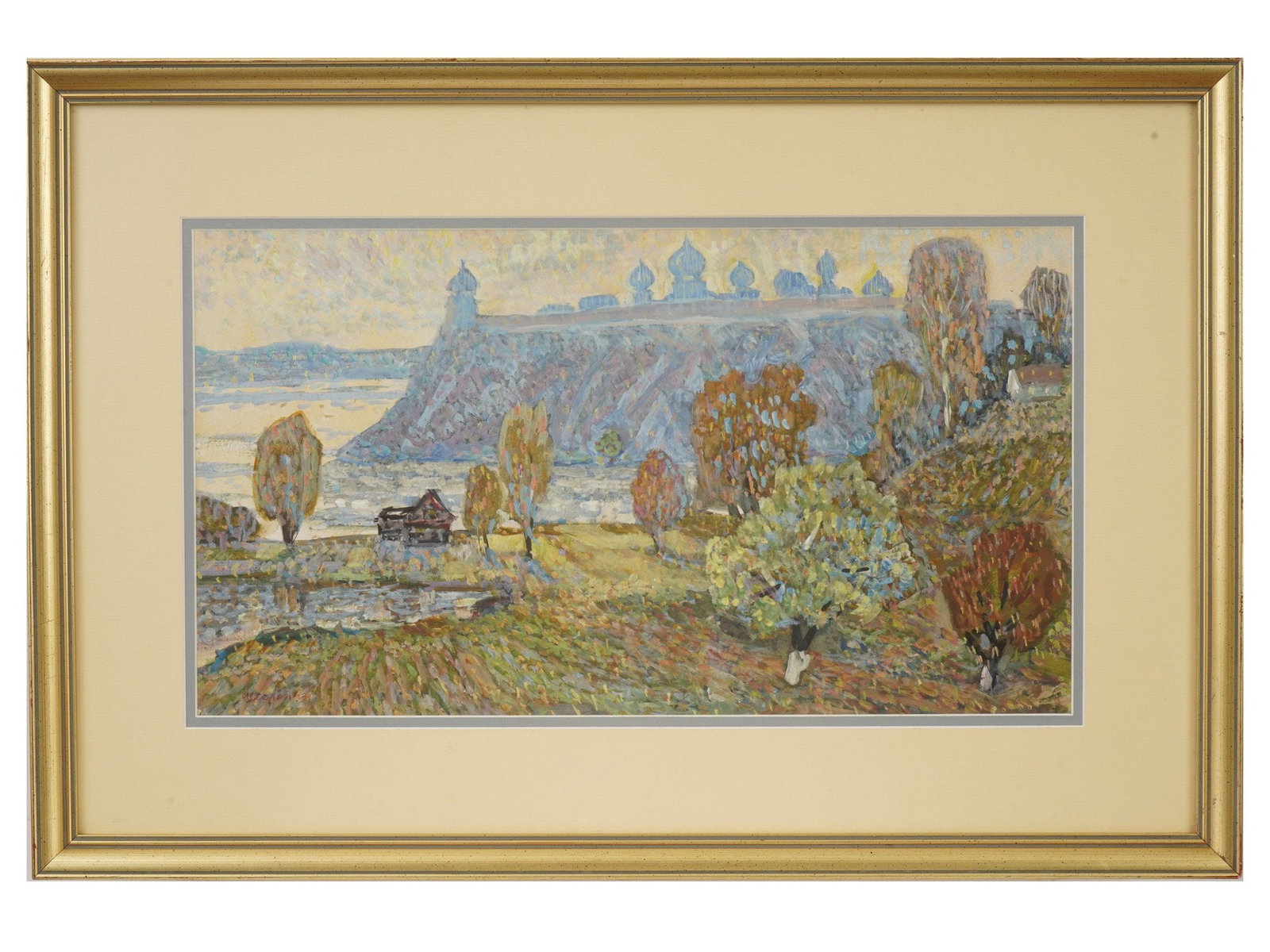 RUSSIAN LANDSCAPE WATERCOLOR PAINTING SIGNED: Watercolor painting on paper. Russian, Soviet era, mid to late 20th century. The artwork depicts a panoramic view of an old Russian town with a Kremlin upon river, presumably Novgorod. Impressionist, 