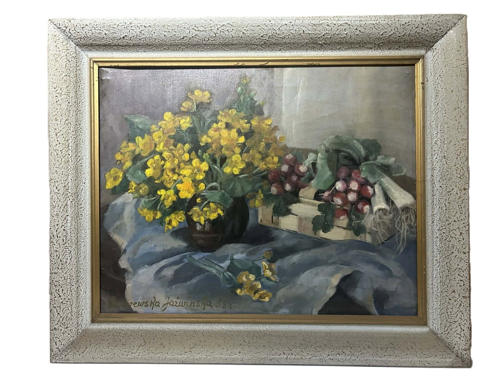 POLISH PAINTING BY ZOFIA PADEREWSKA-JAZWINSKA 1958: Signed oil on canvas still life painting by Polish artist Zofia Paderewska-Jazwinska, signed lower right and dated 1958. The composition depicts yellow flowers in a vase together with radishes, leeks 