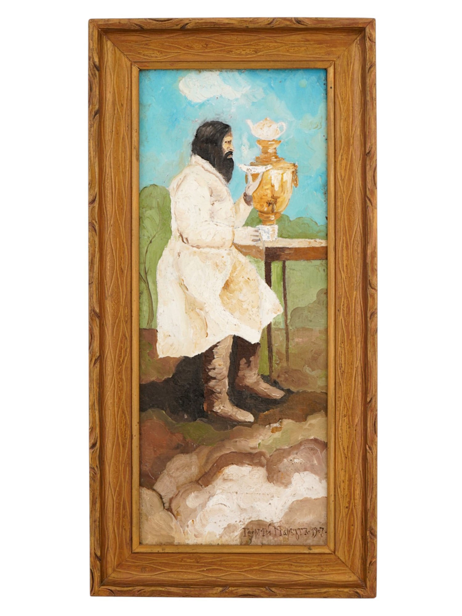 1907 UKRAINIAN OIL PORTRAIT OF RASPUTIN BY GEORGY NARBUT: Georgy Ivanovich Narbut, Ukrainian, 1886 to 1920, an oil painting on canvas depicting a Folk art portrait of a bearded man, probably a portrait of Grigory Rasputin, 1869 to 1916, a Siberian peasant wh