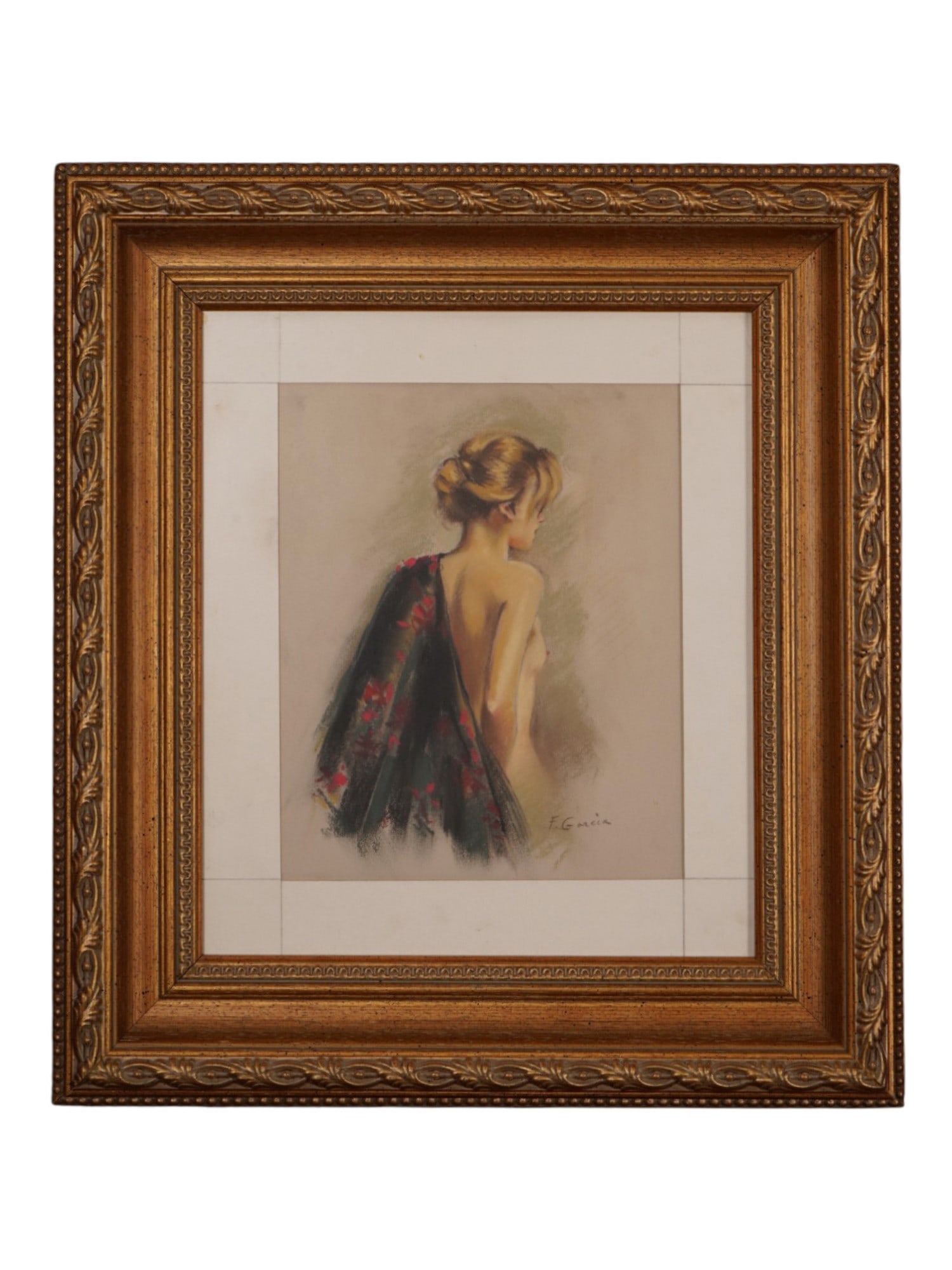 FEMALE PORTRAIT PASTEL PAINTING BY FRANCISCO GARCIA: Francisco Garcia, Spanish, born 1953, pastel painting on paper depicting a portrait of a semi nude woman. Signed lower right. Framed. Francisco Garcia is a Spanish painter, known for female portraits.