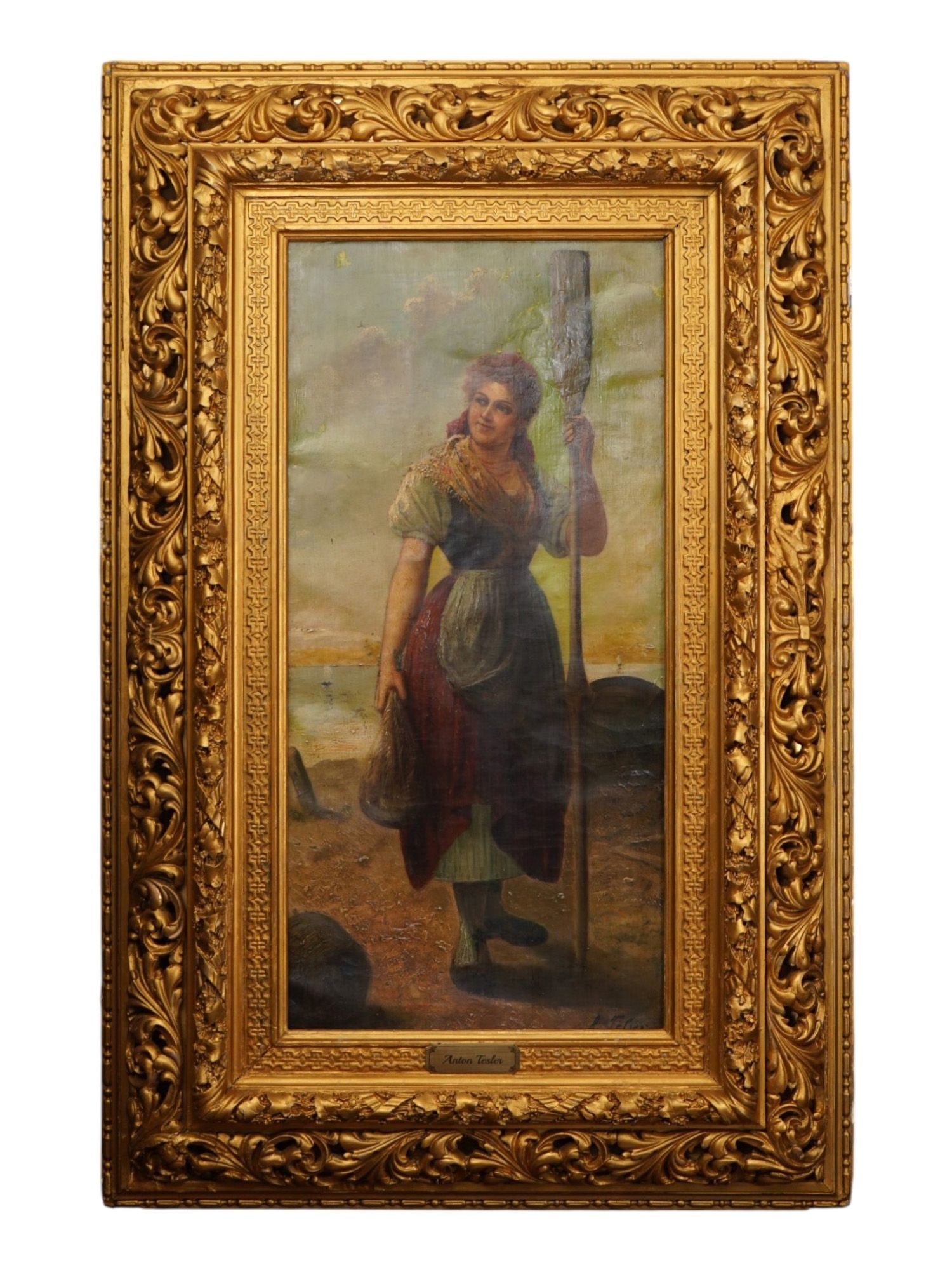 ATTR TO ANTON TESLER AUSTRIAN PAINTING WOMAN W A PADDLE: Attributed to Anton Tesler, Austrian, 1861 to 1942, an oil painting on canvas, signed lower right. The composition depicts a woman holding a paddle. Tesler was known primarily as a genre painter, crea
