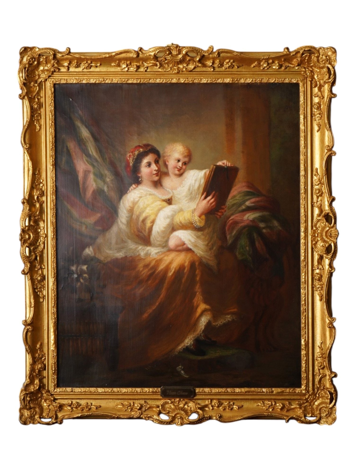 ANTIQUE PAINTING MOTHER AND CHILD BY NORA CHEASE: An antique oil painting on canvas depicting an intimate scene of a mother and child looking into a mirror by Nora Chease, a British artist who was born in the 19th Century. Signed and dated 1884 on th