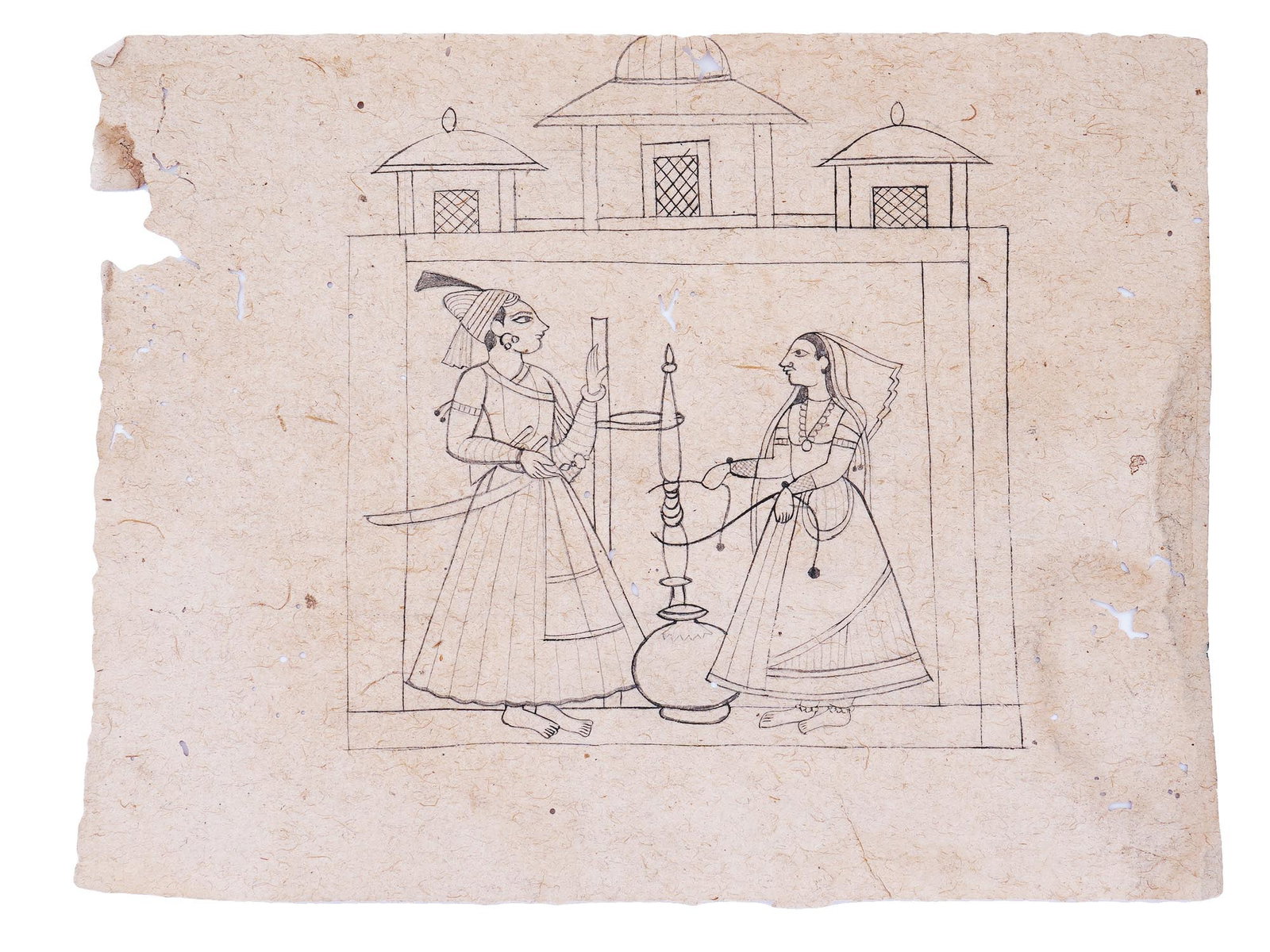 ANTIQUE INDIAN MUGHAL INK PAINTING COURT SCENE (1 of 3)