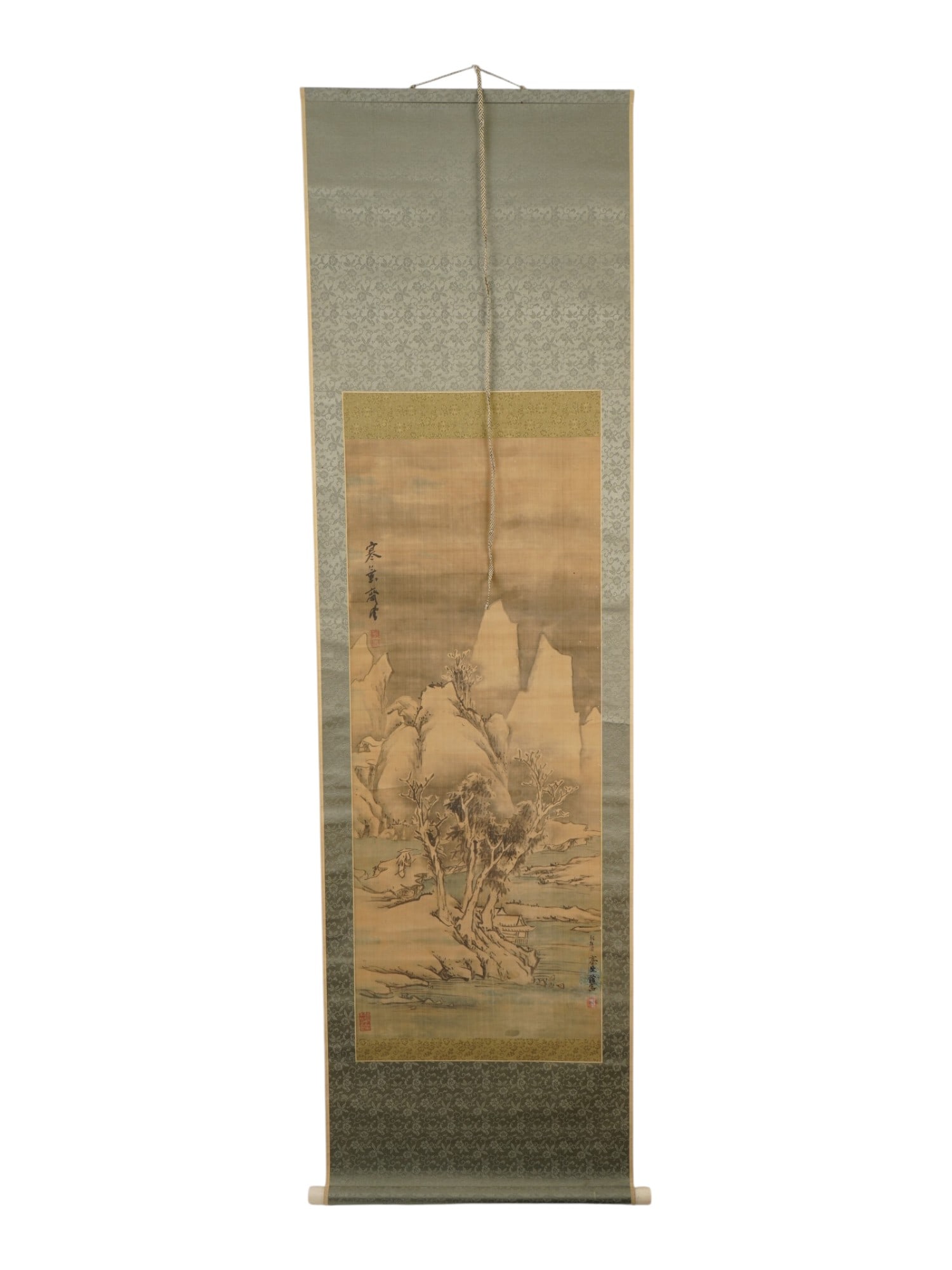 ANTIQUE KOREAN JOSEON DYNASTY PAINTING ATTR TO CHOI BUK: A vertical hanging scroll depicting a classic snowy mountain landscape attributed to the late Joseon dynasty painter Choi Buk, 1712 to 1760. The artist was selected to represent the arts of Korea as a