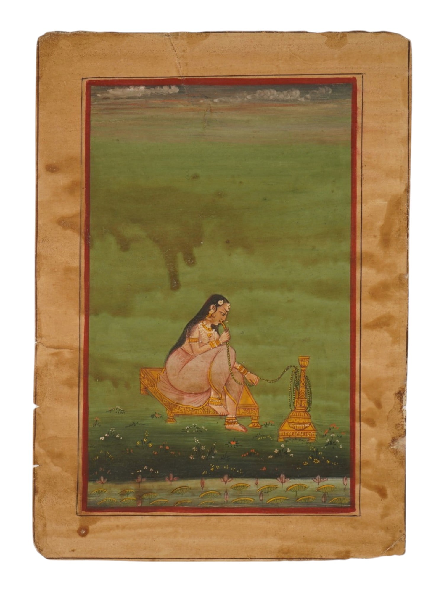 ANTIQUE INDIAN MUGHAL EMPIRE MINIATURE PAINTING: An antique Indian miniature painting. Late Mughal Empire period, 18th to 19th century. Watercolor and ink on paper. Bundi school, a Queen smoking hookah in the garden. Collectible Oriental Islamic Art