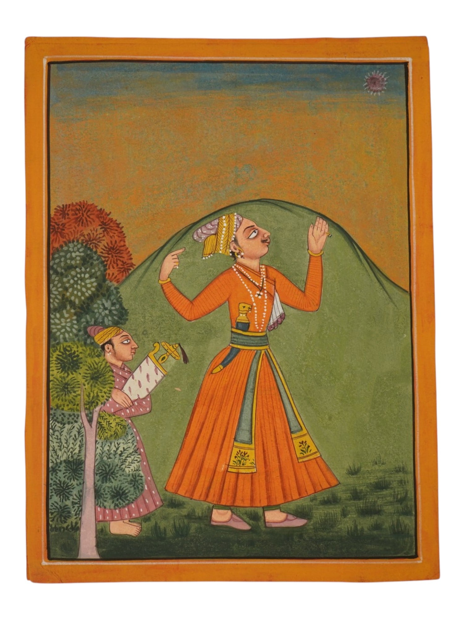 ANTIQUE INDIAN PAHARI SCHOOL MINIATURE PAINTING: An antique Indian Pahari School miniature painting, showing stylistic traits of the Mandi or Bilaspur workshops, late 18th to early 19th century. A young nobleman in an orange jama raises his hands in