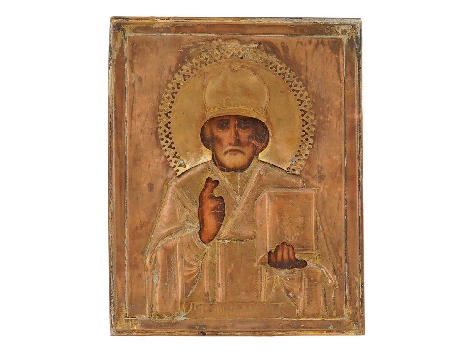 ANTIQUE 19TH C RUSSIAN ICON ST NICHOLAS OF MYRA: An antique 19th-century Russian Orthodox icon representing Saint Nicholas of Myra, also known as the Wonderworker. Mixed media painting: egg tempera, gesso, and levkas on a wood board. The icon is enc