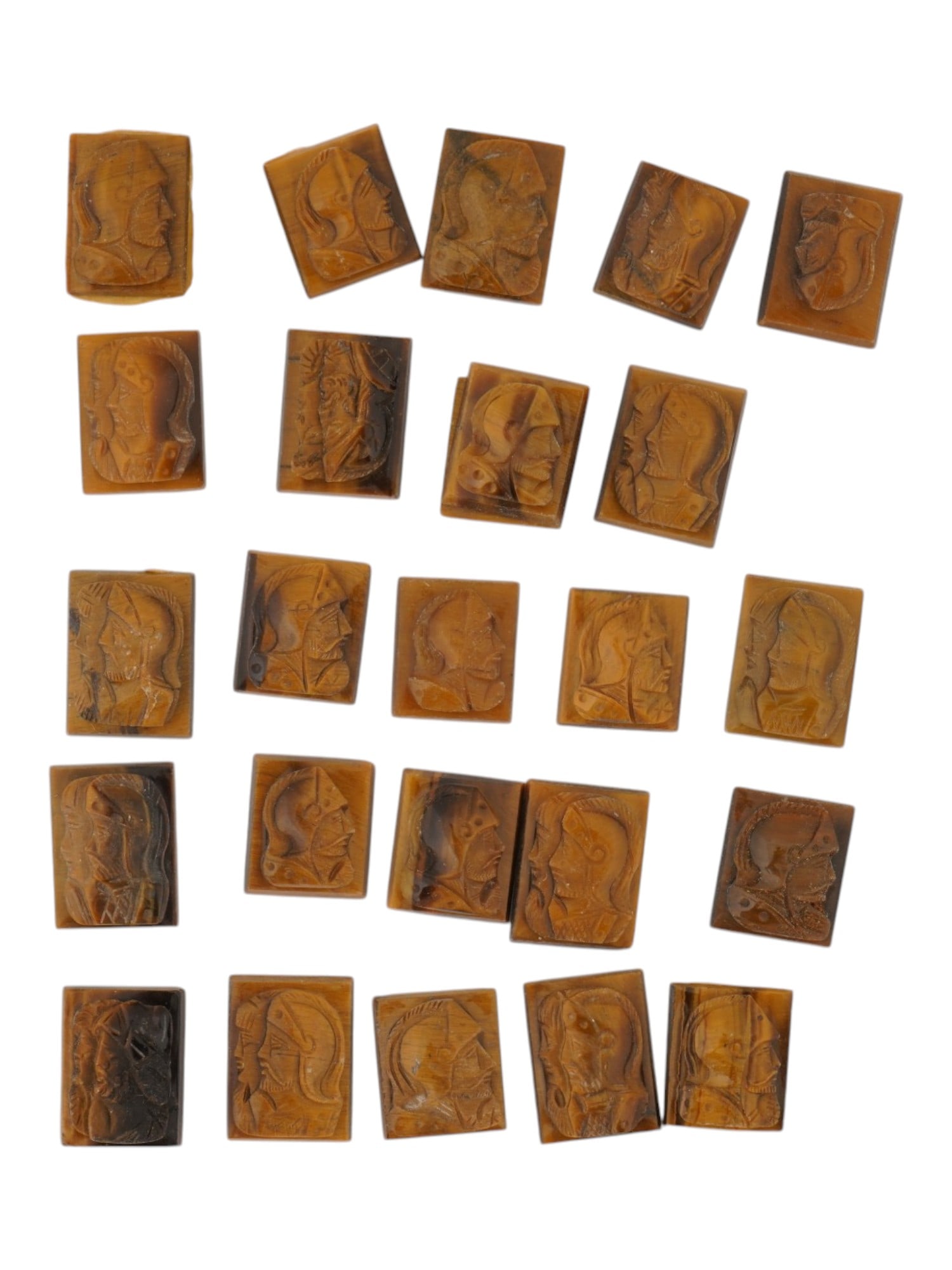 COLLECTION OF 25 HAND CARVED TIGERS EYE STONE CAMEOS (1 of 4)