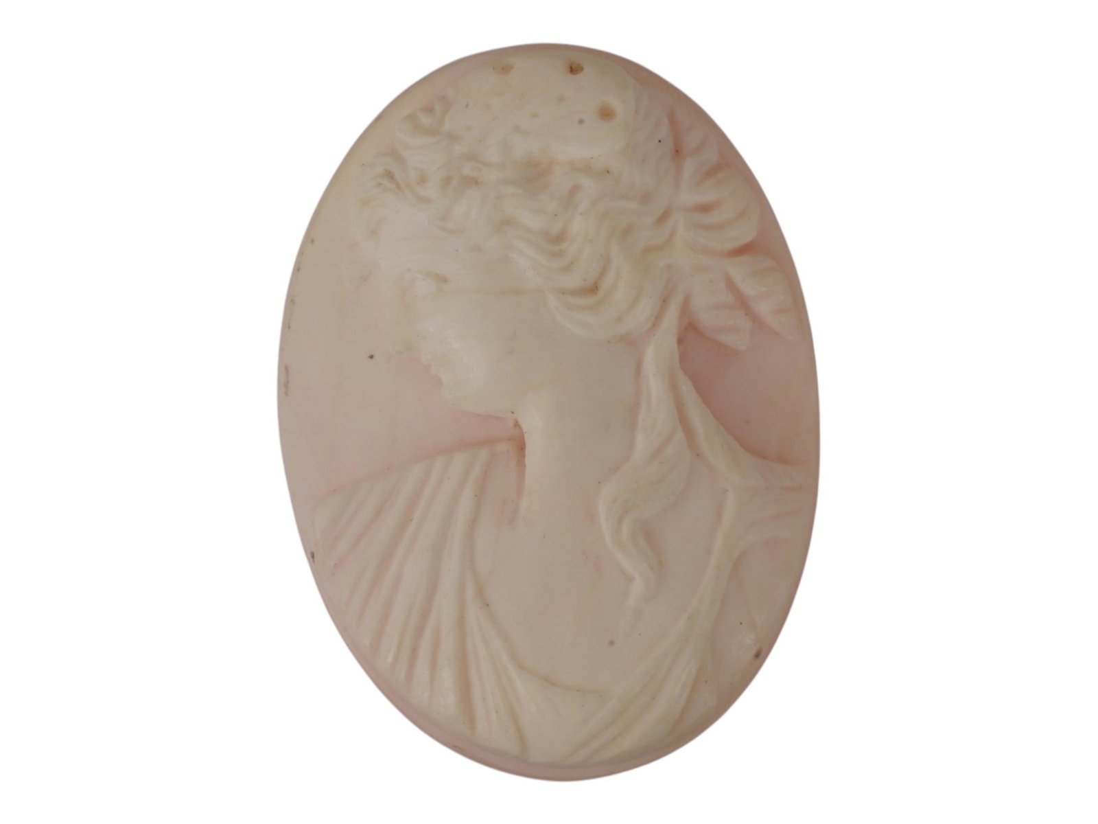 LARGE VINTAGE HAND CARVED CORAL CAMEO MEDALLION: A large vintage hand carved cameo medallion. The piece is crafted from coral featuring a female portrait in the Victorian manner rendered in high relief. The cameo is presented in an oval shape. Antiq