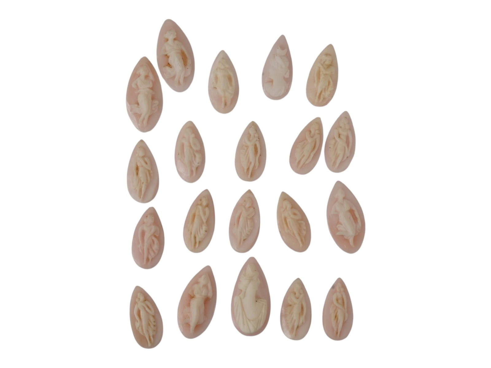 COLLECTION OF VINTAGE HAND CARVED CONCH SHELL CAMEOS: A collection of 19 vintage hand-carved conch shell cameos in uniform teardrop shape, each depicting a full-figure classical female form. One larger centerpiece breaks the pattern with a high-relief po