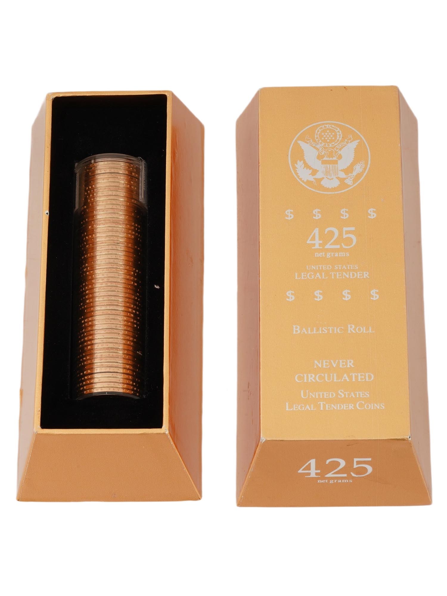 425 NET GRAMS BALLISTIC ROLL JOHN ADAMS DOLLARS IOB: 425 net grams United States legal tender ballistic roll never circulated dollar coins. Each coin is decorated with a portrait of John Adams, a Founding Father and the second president of the United St