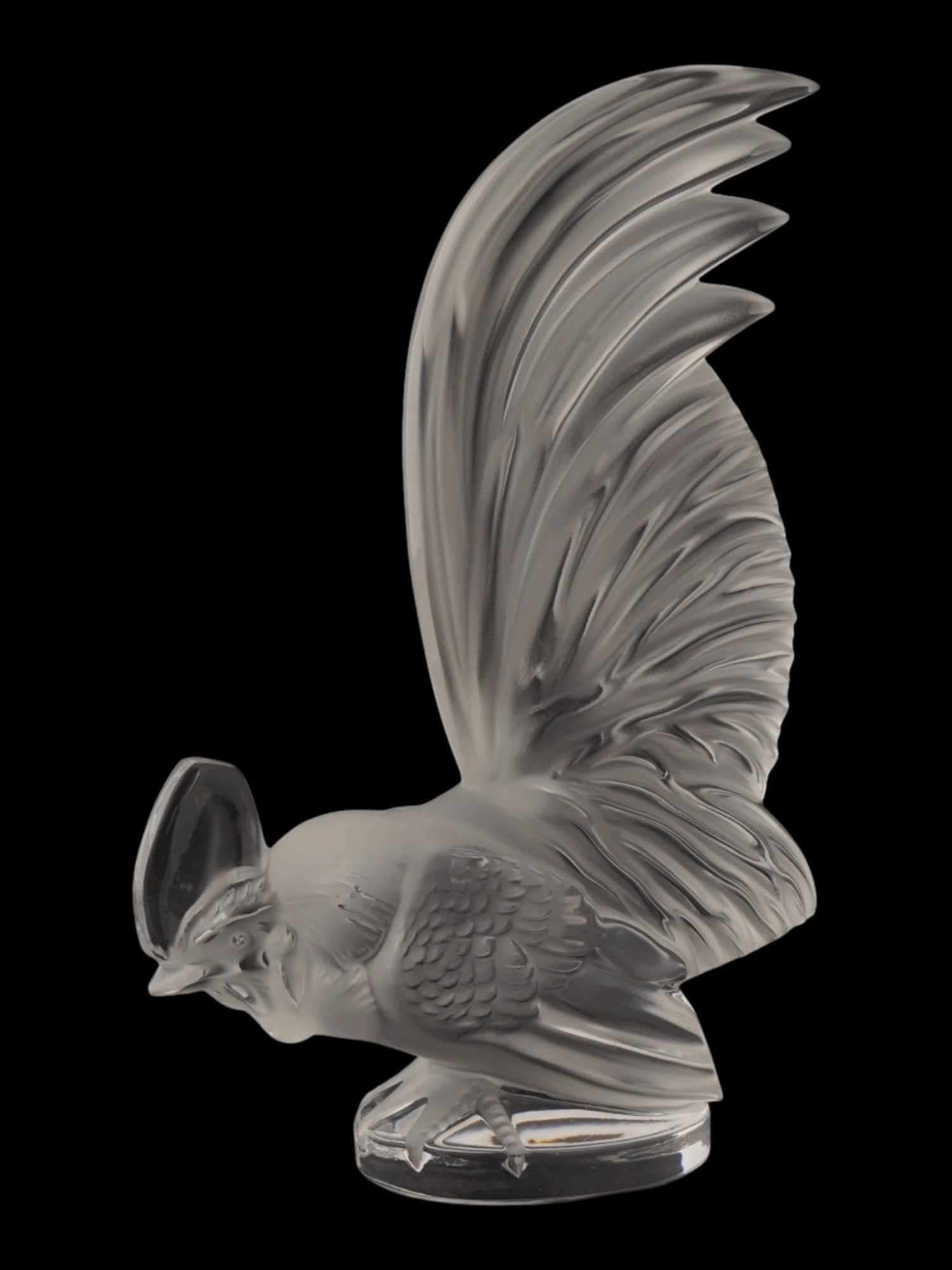 LALIQUE STYLE ROOSTER CRYSTAL GLASS PAPERWEIGHT: A crystal glass figural paper weight, Coq Nain, Dwarf Rooster, created by the legendary French jeweler and glassmaker Rene Lalique. The original design of this model model no. 1135 was developed by Re