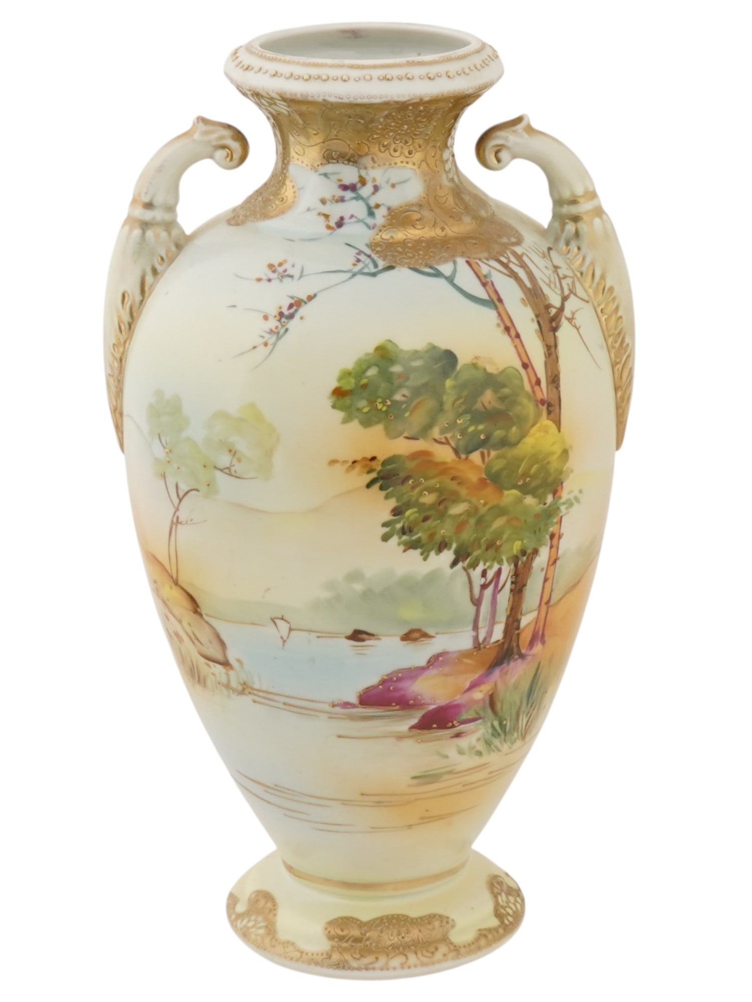 LARGE JAPANESE NIPPON HAND PAINTED PORCELAIN VASE: A large Japanese Nippon hand painted porcelain vase. The vase features a tall, rounded body with vertical handles at the top. The narrow neck widens toward the top. The vase is hand-painted with a lan