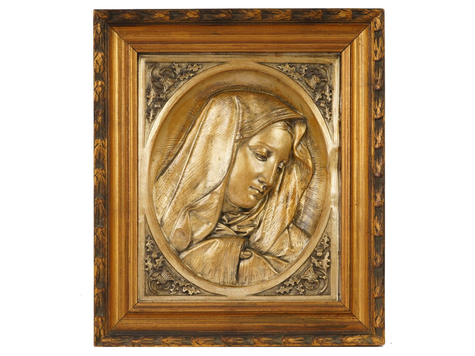 ITALIAN MANNER BRONZE BAS RELIEF MADONNA DOLOROSA: An antique Italian manner patinated bronze bas relief Madonna Dolorosa. Presented in a frame. Circa: late 19th century to early 20th century. Antique and Vintage European Religious Wares, Icons, and C