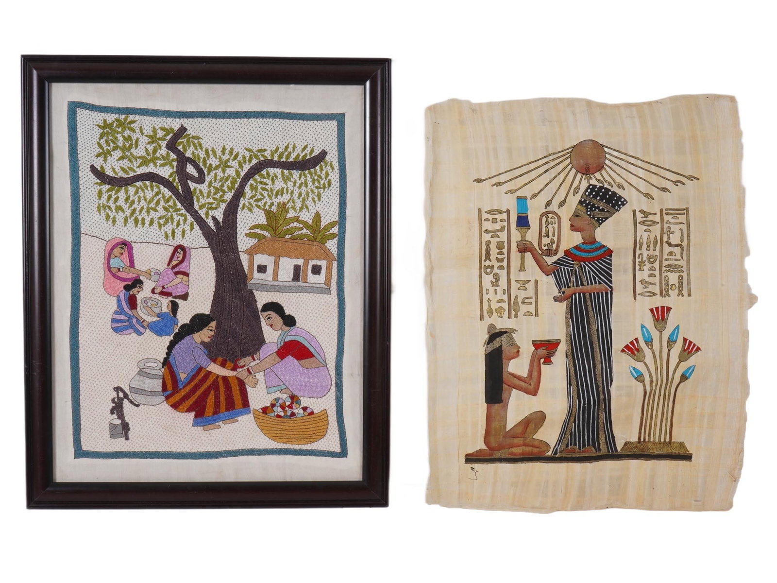 MIX MEDIA ARTWORKS KANTHA EMBROIDERY EGYPTIAN PAPYRUS: A lot of two mixed media artworks. The lot contains a Kantha embroidery, the traditional Bengali art depicting genre scenes from village life and an artwork on papyrus depicting the Egyptian queen Nef