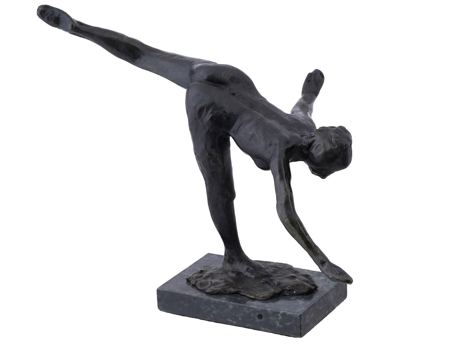 AFTER EDGAR DEGAS FRENCH BRONZE SCULPTURE BALLERINA: After Edgar Degas, French, 1834 to 1917, a patinated bronze sculpture depicting a ballerina titled Grande Arabesque, Troisieme Temps. Signed, numbered and stamped with the foundry mark to the base. Mo