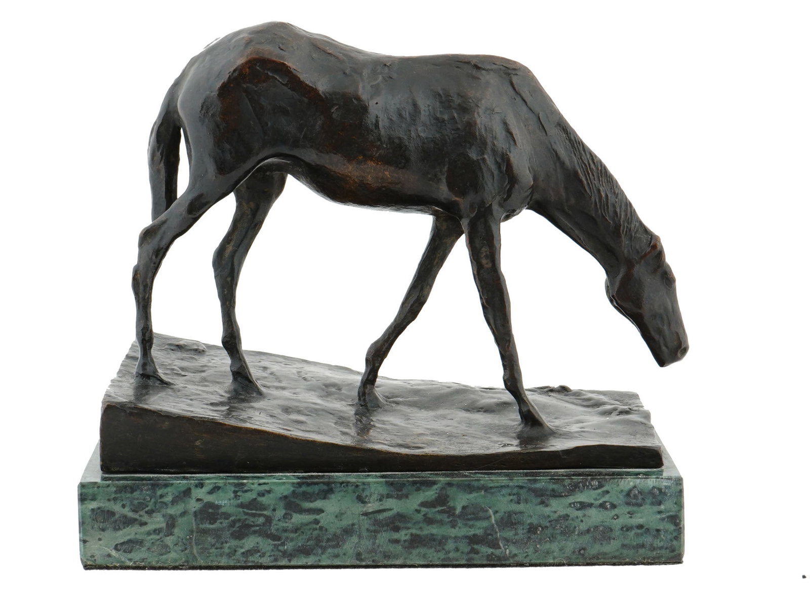 FRENCH BRONZE SCULPTURE AFTER EDGAR DEGAS HORSE SIGNED: After Edgar Degas, French, 1834 to 1917, a bronze sculpture of a horse titled Cheval a labreuvoir, or Horse at the Drinking Trough, circa between 1865 and 1868. Signed to the base. Edgar Degas was an 