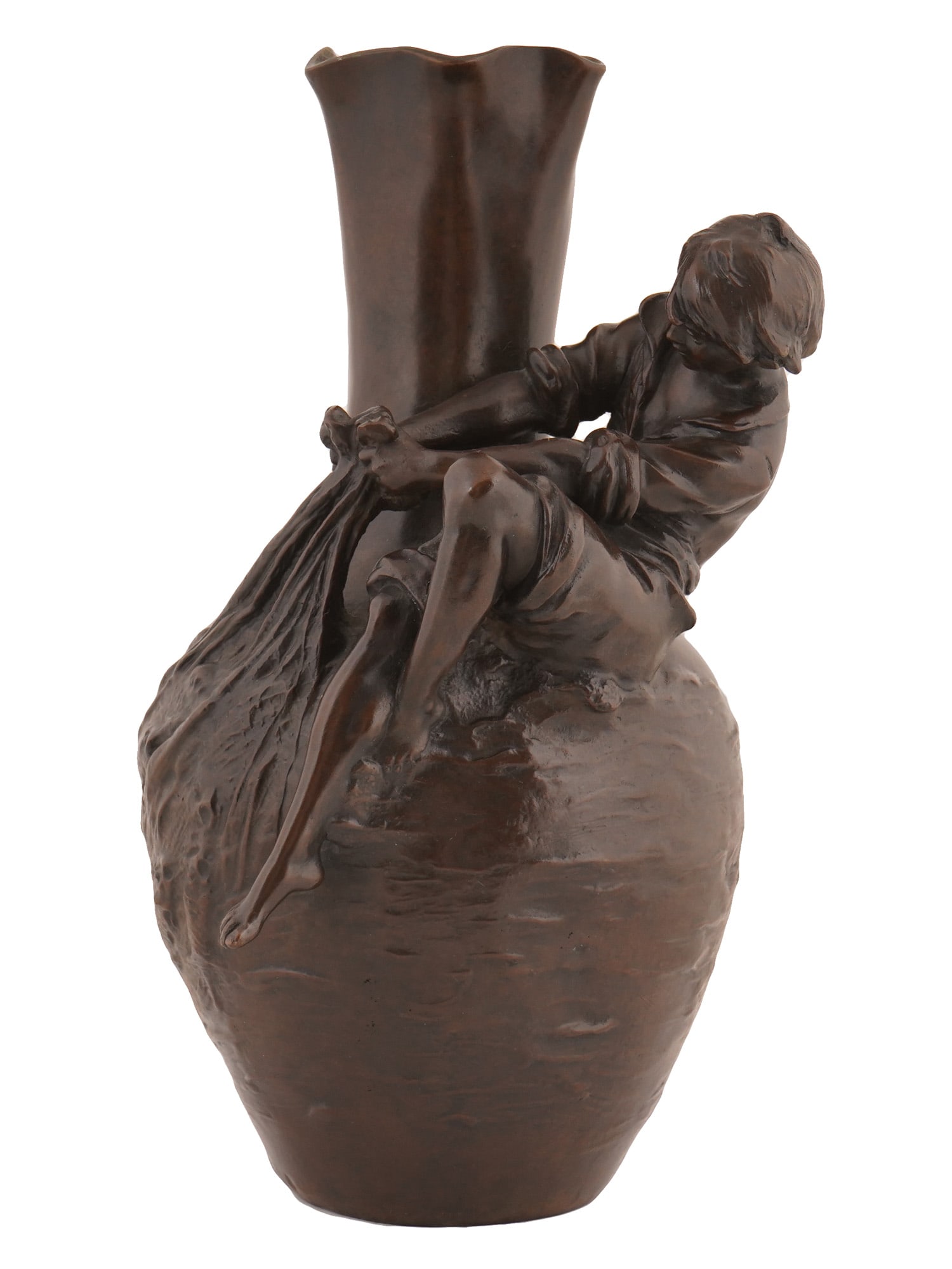 ANTIQUE ART NOUVEAU BRONZE VASE ATTR TO L A MOREAU: An antique Art Nouveau bronze vase attributed to Louis Auguste Moreau, 1855 to 1919, French sculptor. The vase is decorated with a relief figurine of a young fisherman pulling a net with fish. Signed 