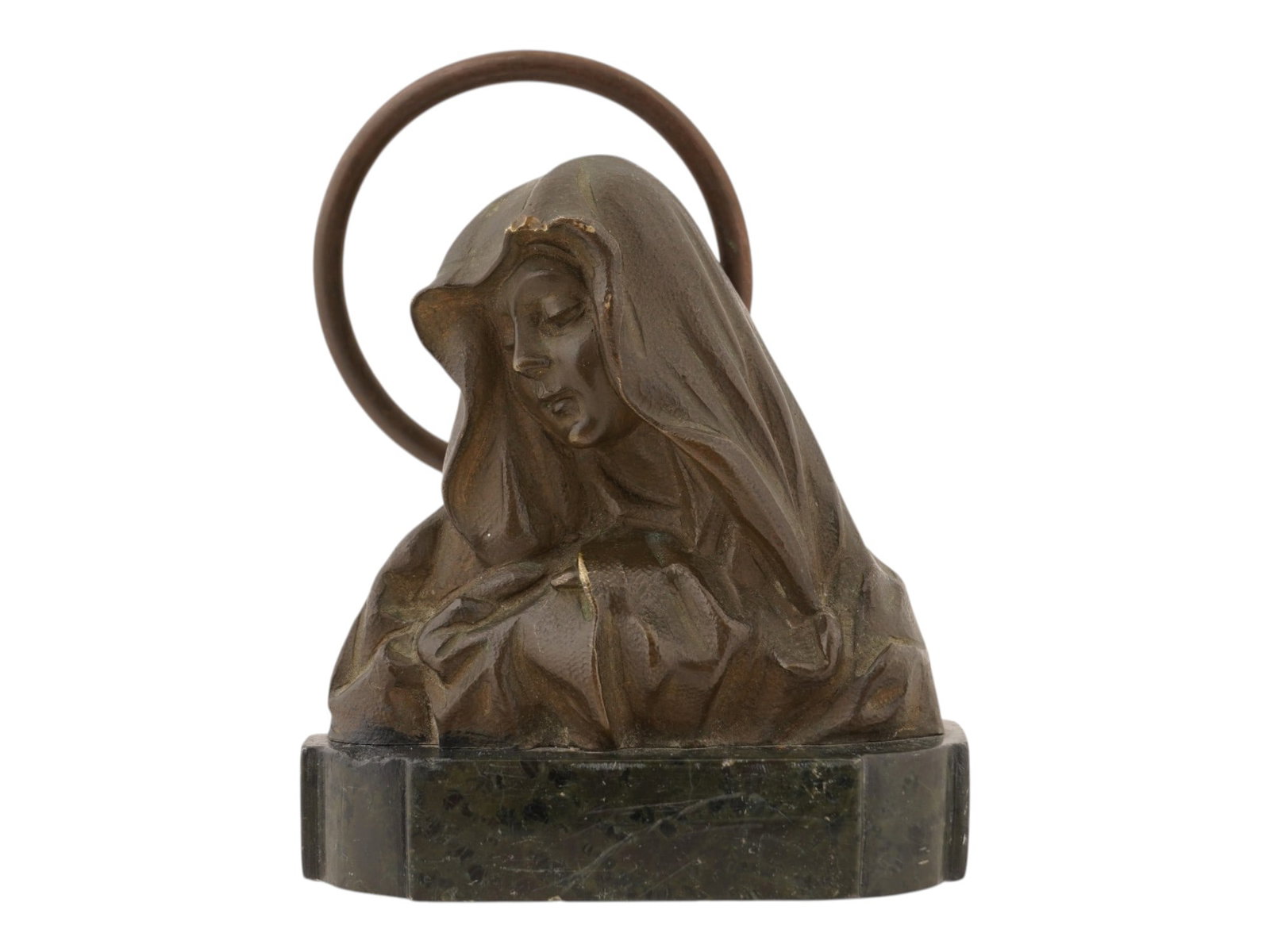 EUROPEAN SCHOOL BRONZE VIRGIN MARY BUST SCULPTURE: A vintage European School patinated bronze Virgin Mary bust sculpture. The cast bronze sculpture depicts a veiled Madonna in a contemplative pose, characterized by a textured, impressionistic surface 