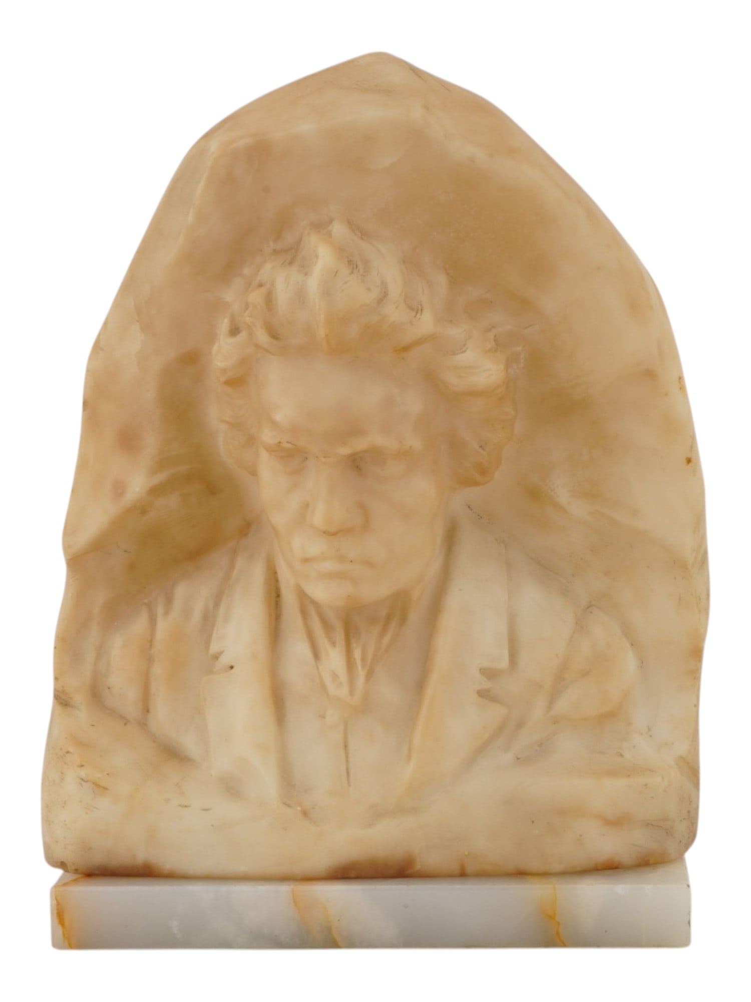 ANTIQUE MARBLE LUDWIG VAN BEETHOVEN BUST SCULPTURE: An antique marble or alabaster bust sculpture of German composer Ludwig van Beethoven. Circa early 20th century. The sculpture is rendered in high relief, characterized by a rounded, arched silhouette