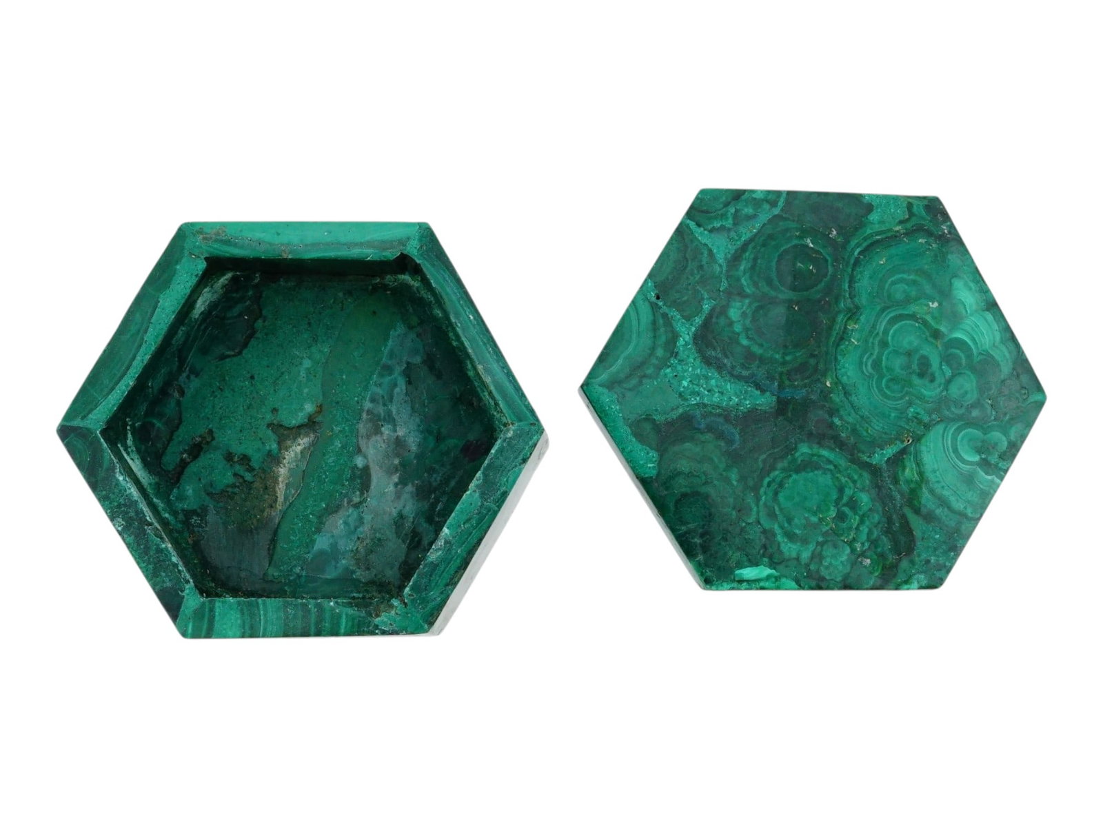 HEXAGONAL SHAPED COVERED MALACHITE STONE PILL BOX - 9