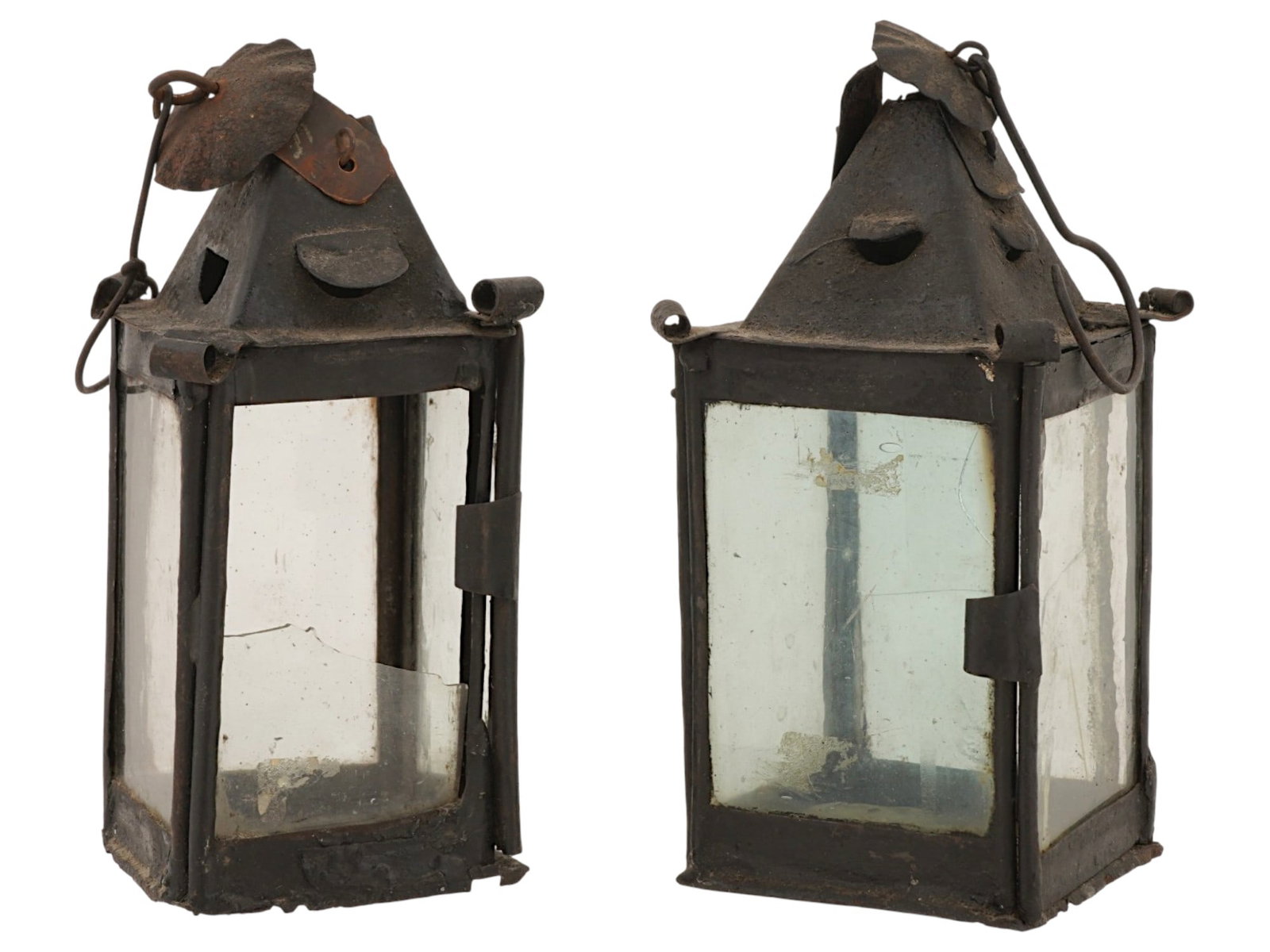 PAIR ANTIQUE METAL AND GLASS CANDLE LANTERNS WROUGHT (1 of 8)