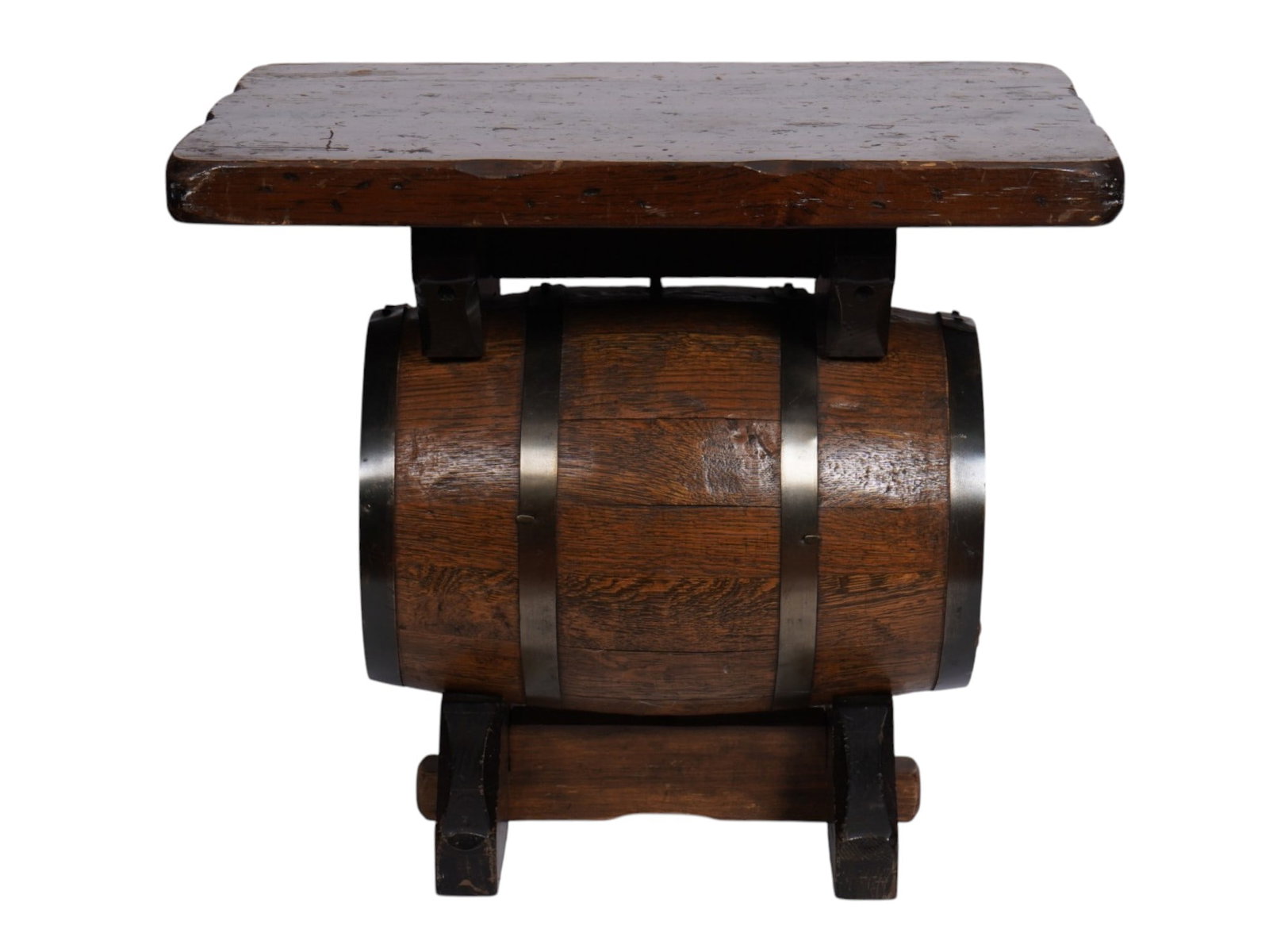 VINTAGE BARREL ACCENT SIDE TABLE: A vintage side table with a barrel mounted underneath the tabletop. Ca. 1970s. Solid wood and iron construction. Furniture And Decor, Rustic Farmhouse Style, Bar Interior Design. PLEASE NOTE: WE WILL 