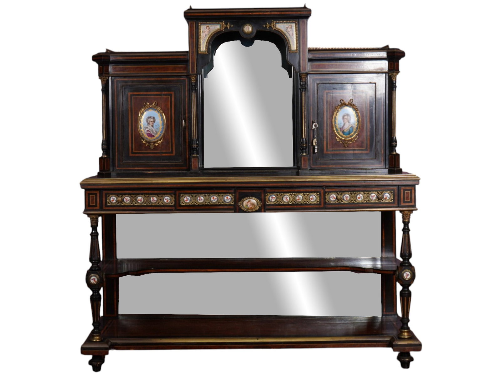 ANTIQUE FRENCH EBONY AND PORCELAIN BONHEUR DU JOUR DESK (1 of 19)