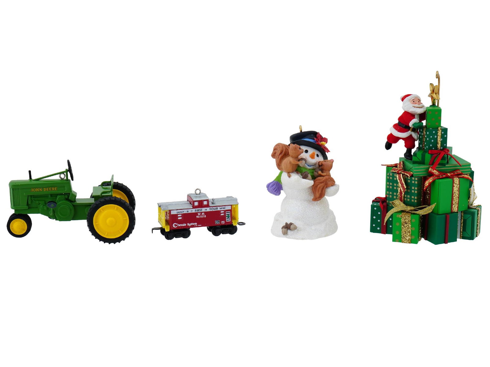 GROUP OF HALLMARK KEEPSAKE ORNAMENTS SNOW BUDDY: A group of four Hallmark Keepsake ornaments. Included are the 2003 Snow Buddies #6 ornament, featuring a snowman with squirrels, the 2005 Hallmark Keepsake Club Exclusive The Opening Game, the Chessie