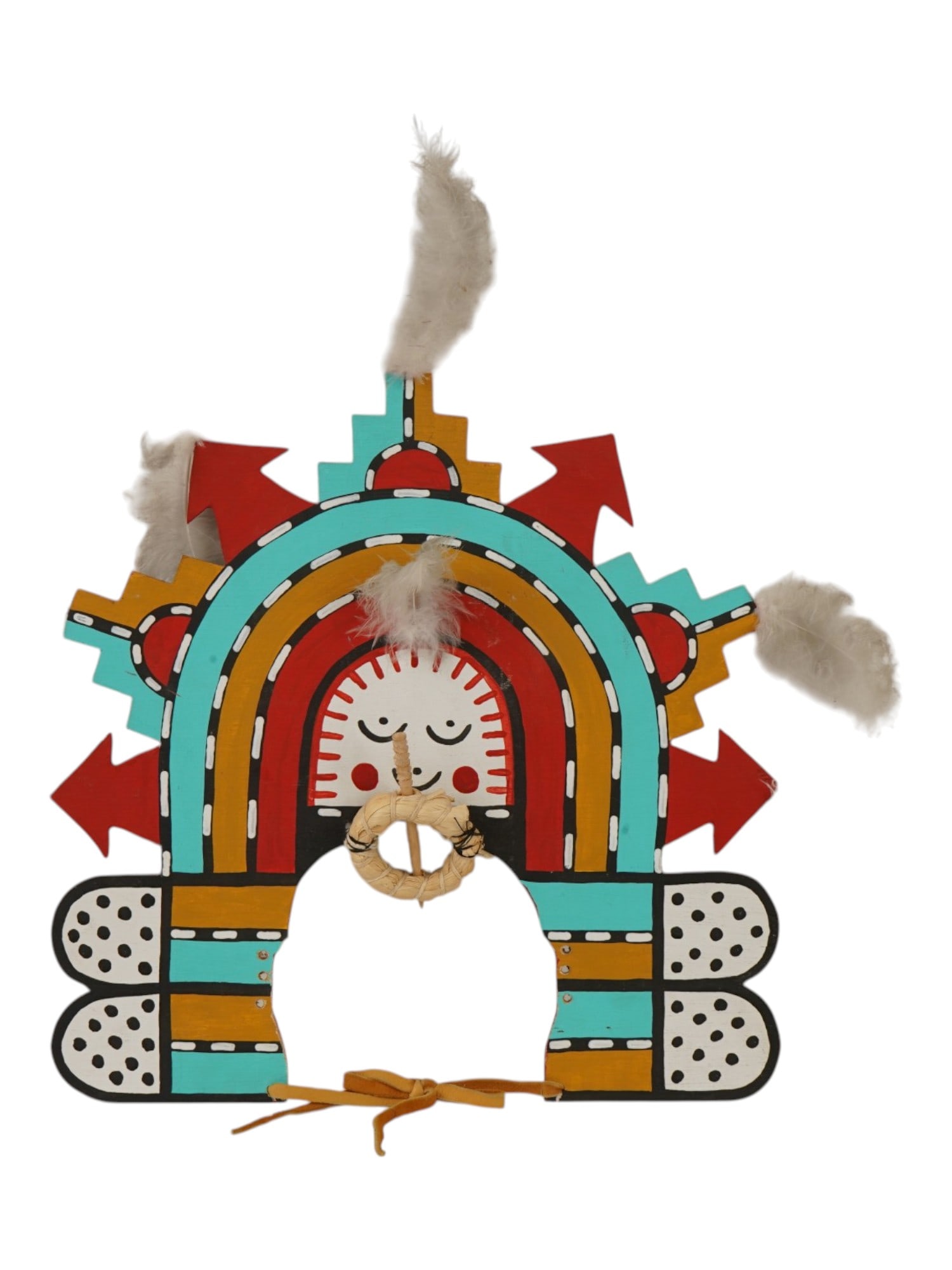 AMERICAN TRIBAL HOPI DANCE TABLETA HEADDRESS: A Hopi Tableta or Tablita, a dancing headdress made by male members of a family for use by a female family member. This Tableta, decorated with cloud and rain symbols, was worn by a young girl during 