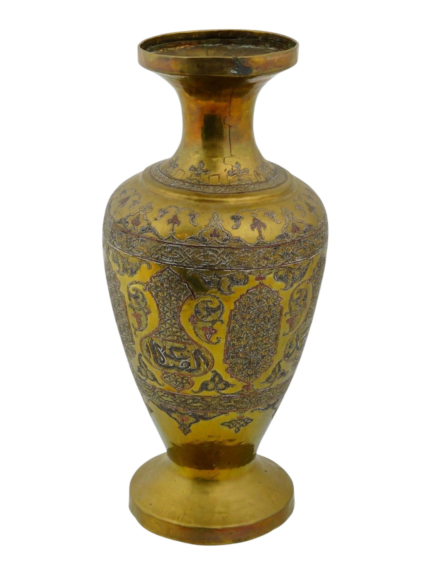 MAMLUK REVIVAL SILVER INLAY BRASS ISLAMIC VASE: A baluster form vase, crafted from brass and features intricate silver inlay in the tradition of Mamluk Revival metalwork. The body is decorated with central cartouches containing calligraphic script,