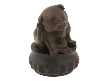 ANTIQUE JAPANESE BRONZE PUPPY OKIMONO FIGURINE