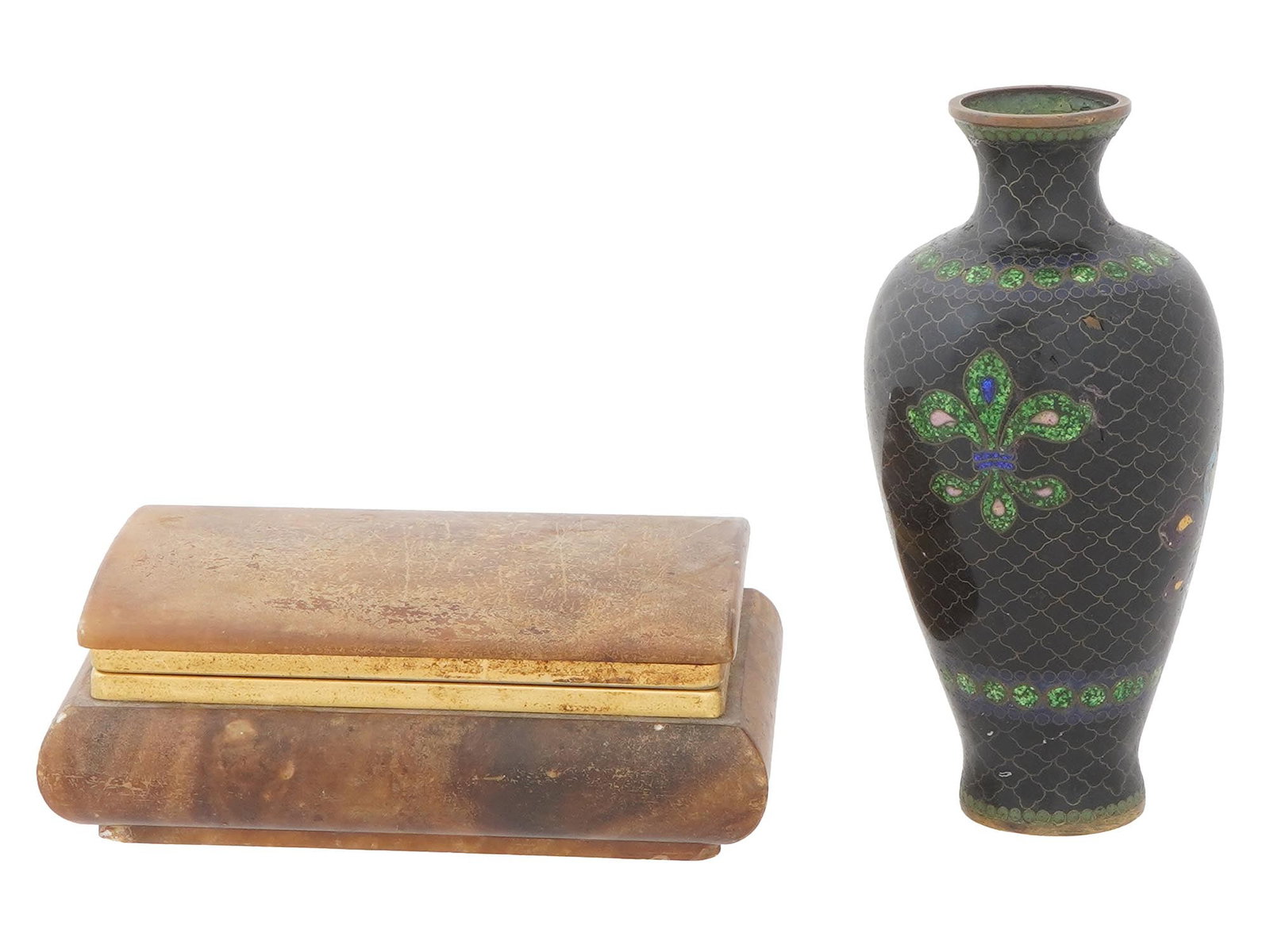 VINTAGE CHINESE CLOISONNE ENAMEL VASE AND STONE BOX: A lot of two vintage Chinese items, a cloisonne enamel vase and a carved stone trinket or jewelry box. A baluster-shaped vase in black with a mesh pattern and a polychrome floral motif. A carved stone