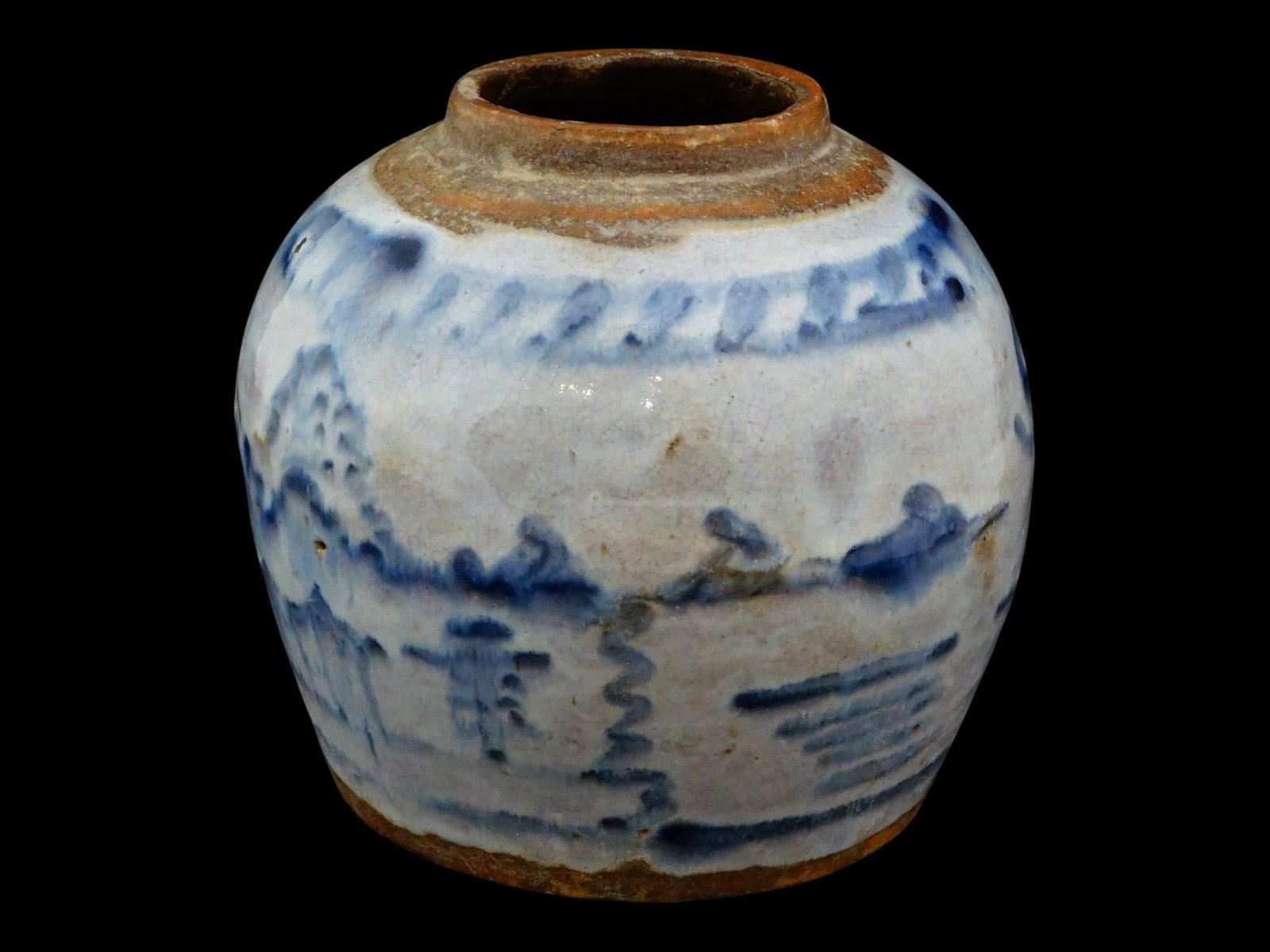 CHINESE HAND PAINTED BLUE AND WHITE CERAMIC VASE: A Chinese ceramic jar featuring a globular body decorated in underglaze blue with a continuous landscape scene depicting stylized mountains, water, and figures. The upper shoulder is encircled by a de