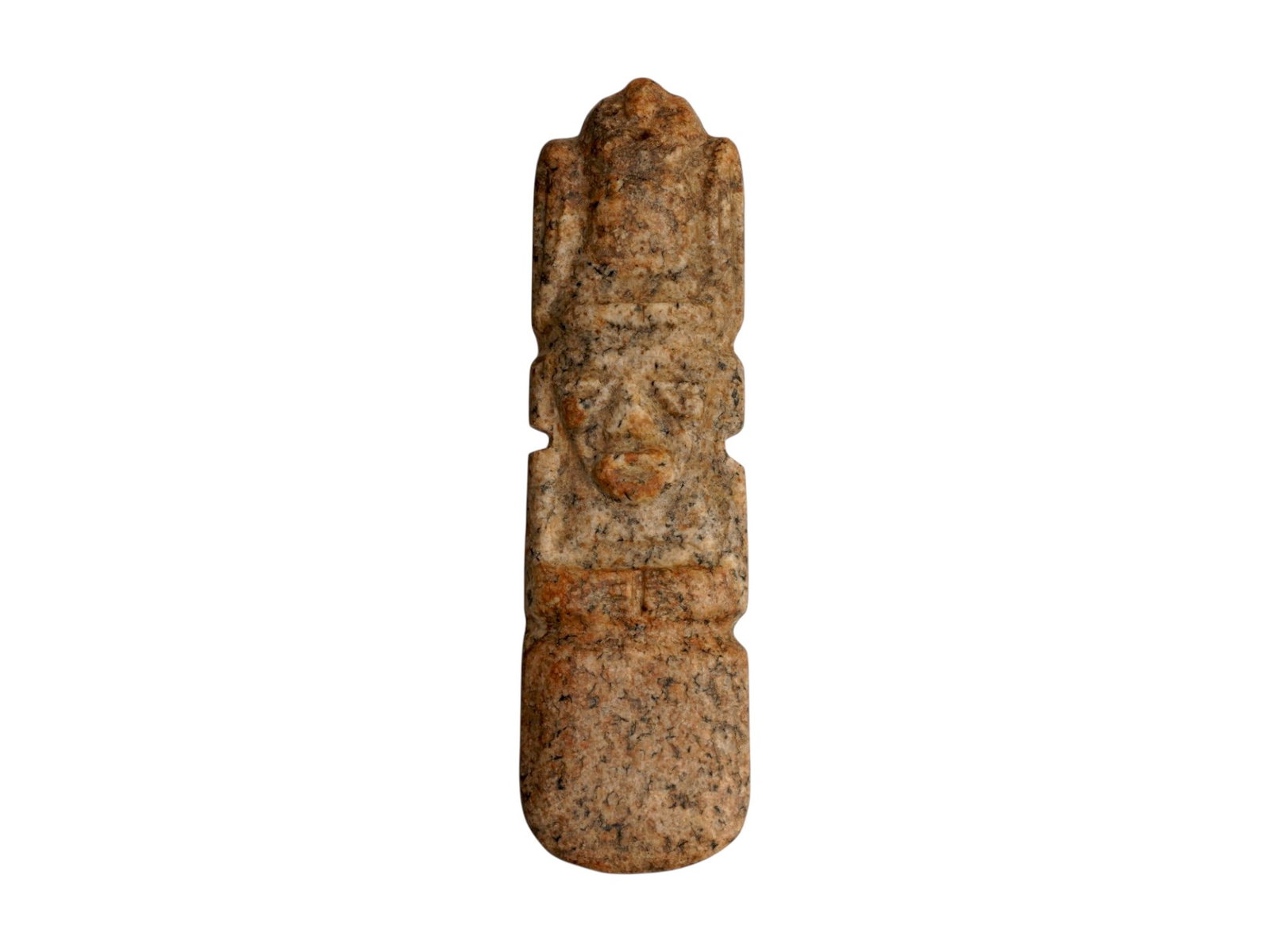 PRE COLUMBIAN CARVED JADE AXE GOD EFFIGY FIGURINE: A Pre Columbian carved Jadeite Axe God effigy figurine. The elongated piece with the upper portion meticulously carved to depict a stylized anthropomorphic figure with folded arms and a complex headdr