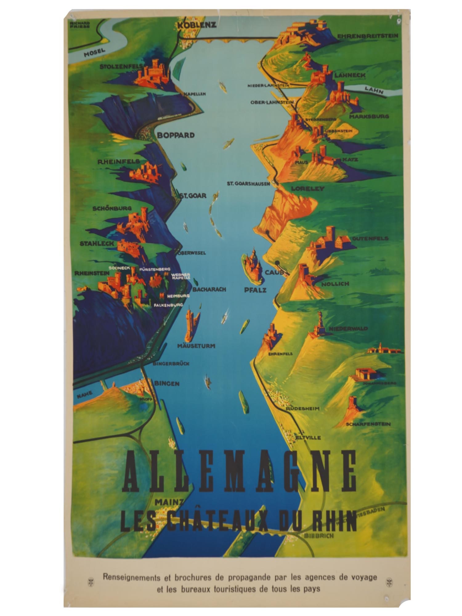 VINTAGE GERMAN TRAVEL POSTER RHINE RAILWAY TOURISM: A vintage German travel poster promoting Rhine railway tourism, showcasing scenic landscapes along the Rhine River. The design highlights the picturesque charm of the region, encouraging railway trave