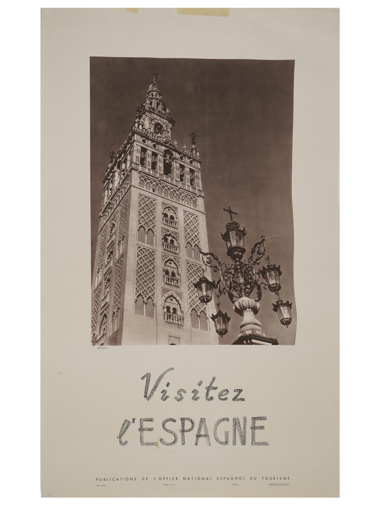 VINTAGE SPANISH ADVERTISING TRAVEL POSTER VISIT SPAIN: A vintage Spanish advertising travel poster, featuring Visit Spain written in French, showcasing La Giralda, the iconic bell tower of the Seville Cathedral. Designed to attract French-speaking tourist
