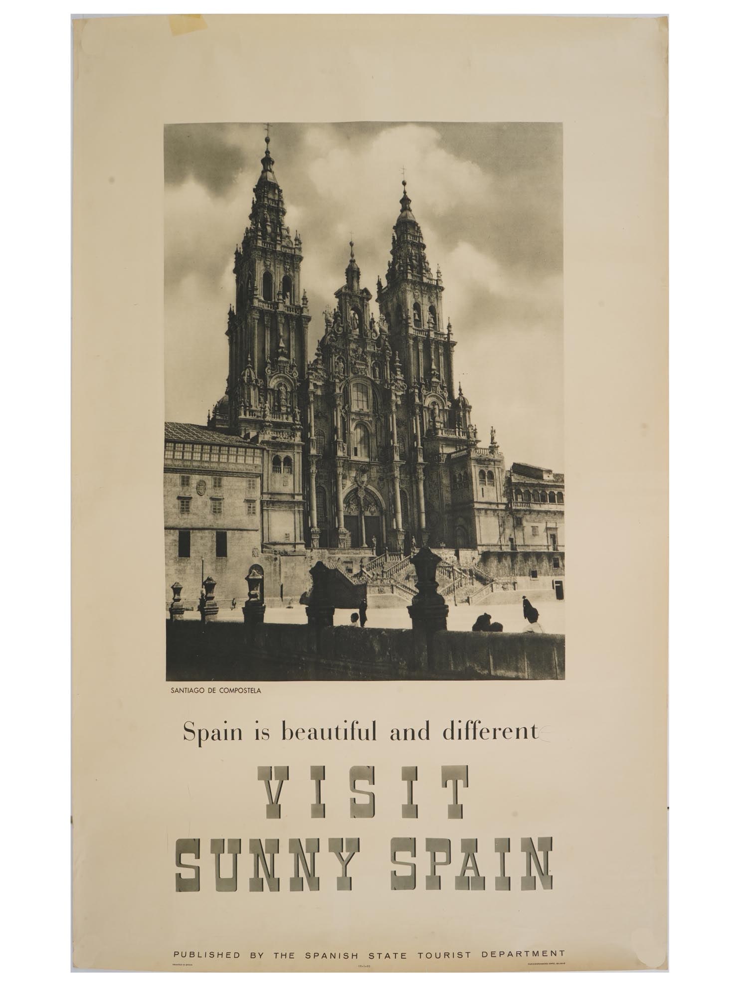 VTG SPANISH ADVERTISING TRAVEL POSTER VISIT SUNNY SPAIN: A vintage Spanish advertising travel poster, titled Visit Sunny Spain, featuring a view of the Santiago de Compostela Cathedral. Designed to promote tourism, the poster captures the grandeur of this h