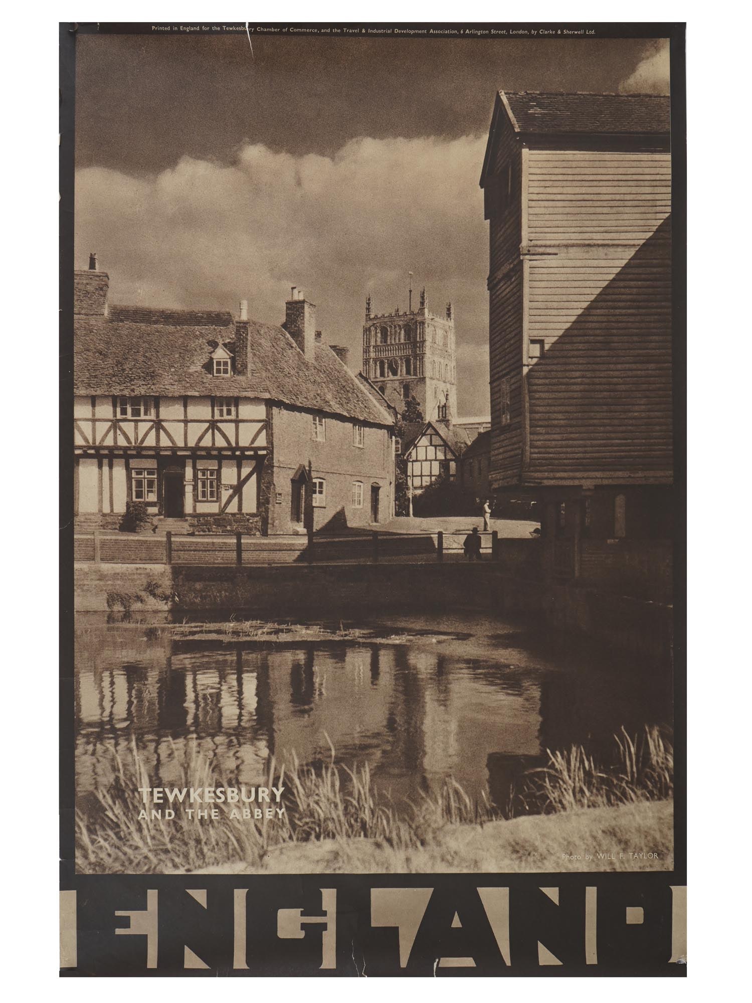 VINTAGE ENGLISH TEWKESBURY ADVERTISING TRAVEL POSTER: A vintage English advertising travel poster showcasing a view of Tewkesbury and its historic abbey. The artwork highlights the charm of this medieval town, featuring the abbey with its striking Romane