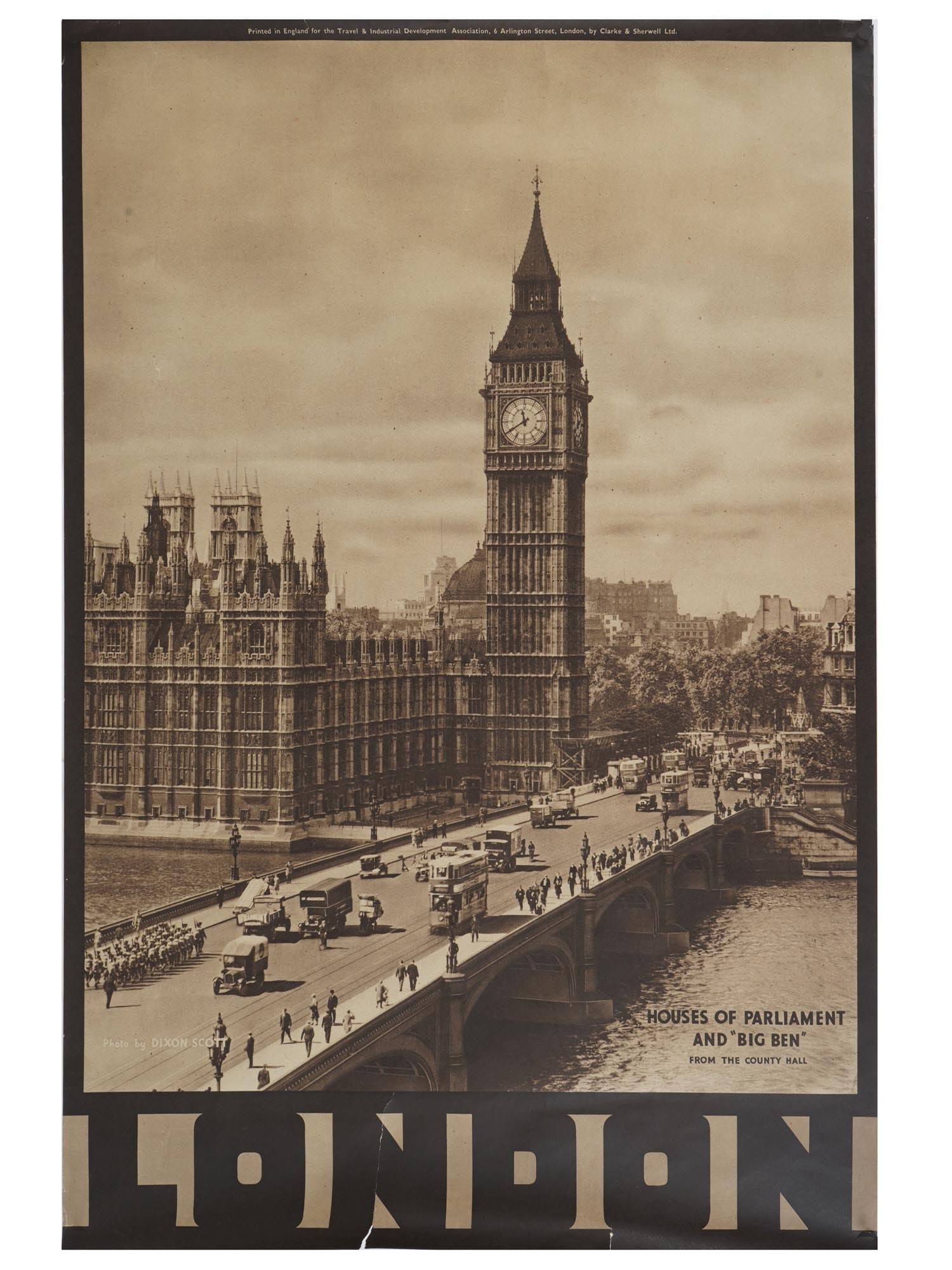 VTG ENGLISH ADVERTISING POSTER HOUSE PARLIAMENT BIG BEN: A vintage English advertising poster features an image of the House of Parliament and Big Ben, two of Londons most renowned landmarks. The poster captures the grandeur and historical significance of t