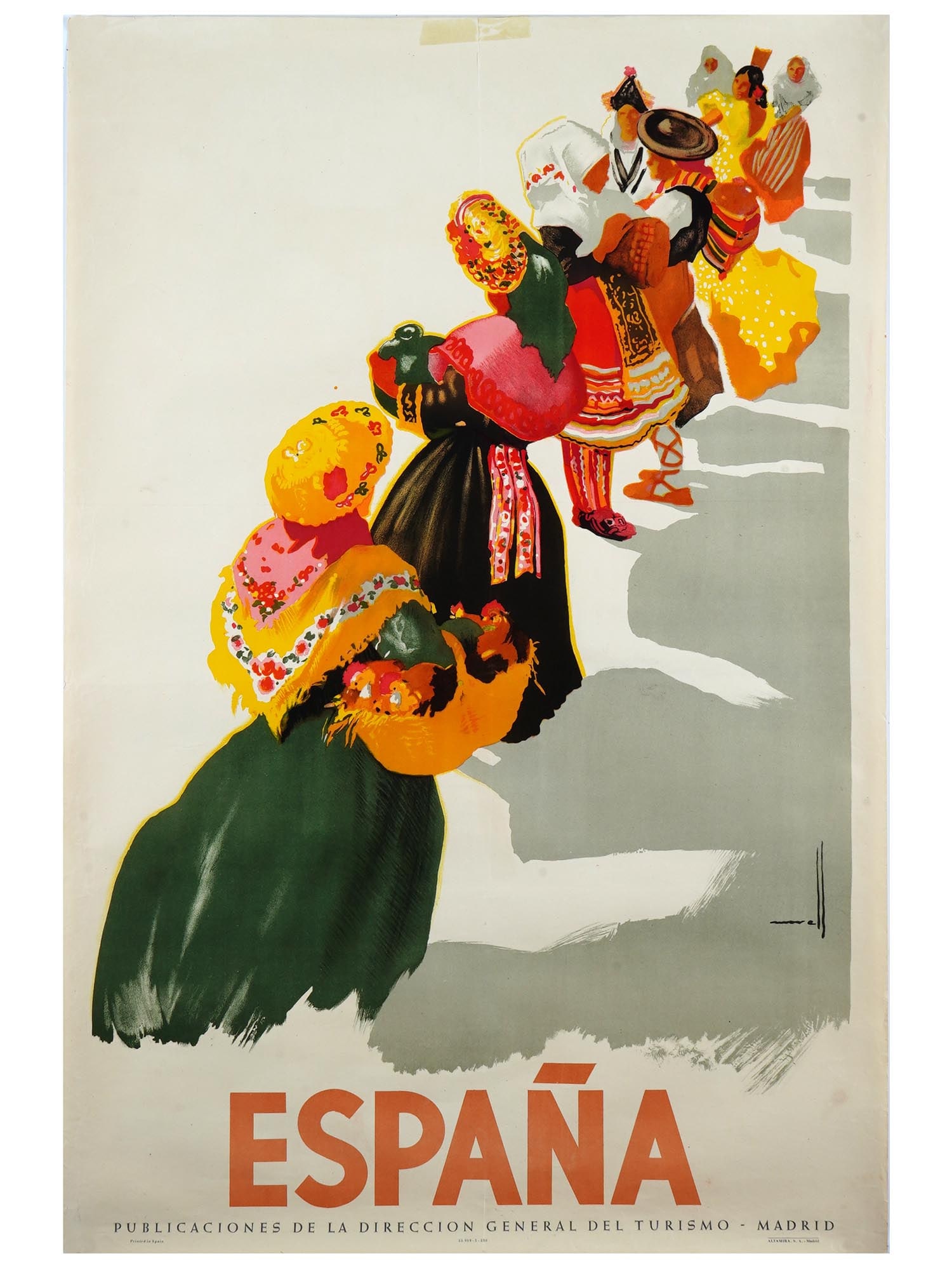 VINTAGE SPANISH TRAVEL POSTER DANCING WOMEN MADRID: A vintage Spanish travel poster, promoting tourism to Spain. Features dancing women in traditional Spanish attire. Published by the General Direction of Tourism in Madrid, circa 1940. Vintage Spanish 