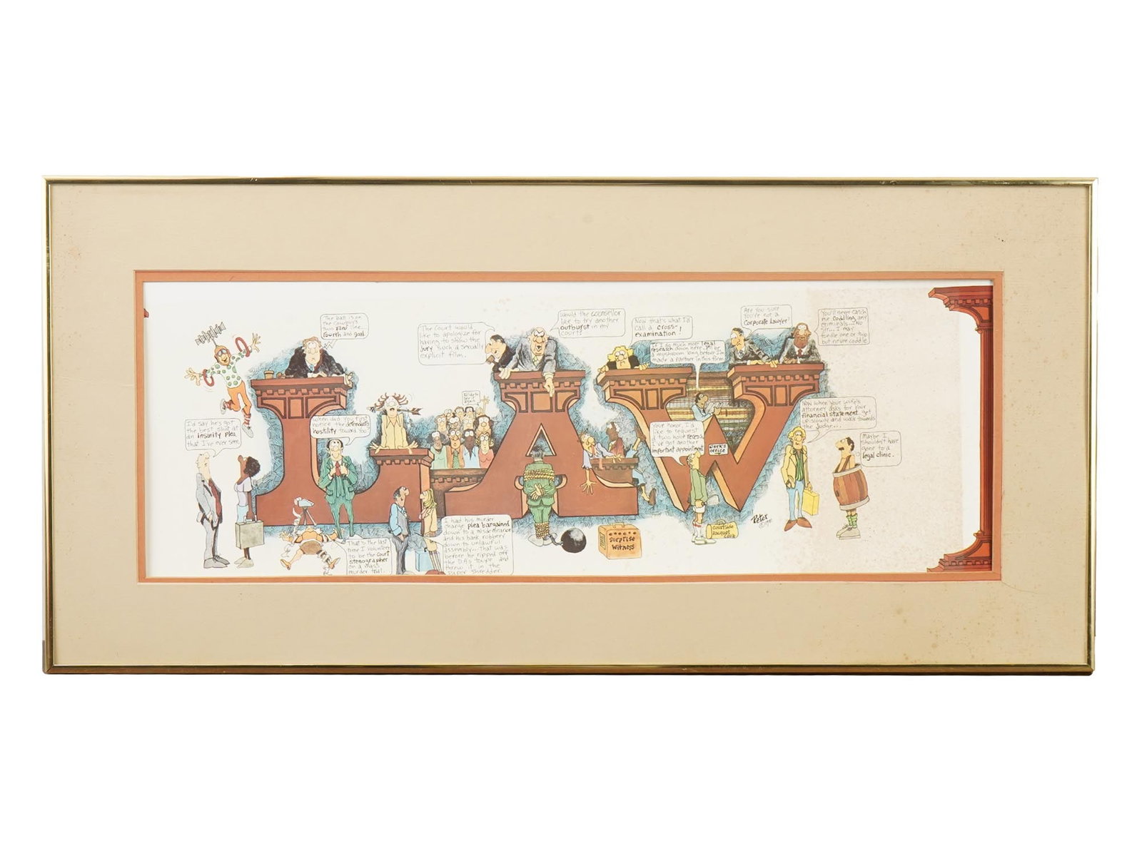 1981 PETER PRINTS CARTOON POSTER LAW: Color print on paper by Peter Prints. A caricature of the life of lawyers and notaries. Titled Law. Dated 1981. Collectible Wall Decor, Posters And Cartoon Prints. THIS LOT IS ELIGIBLE FOR A 30-DAY UN