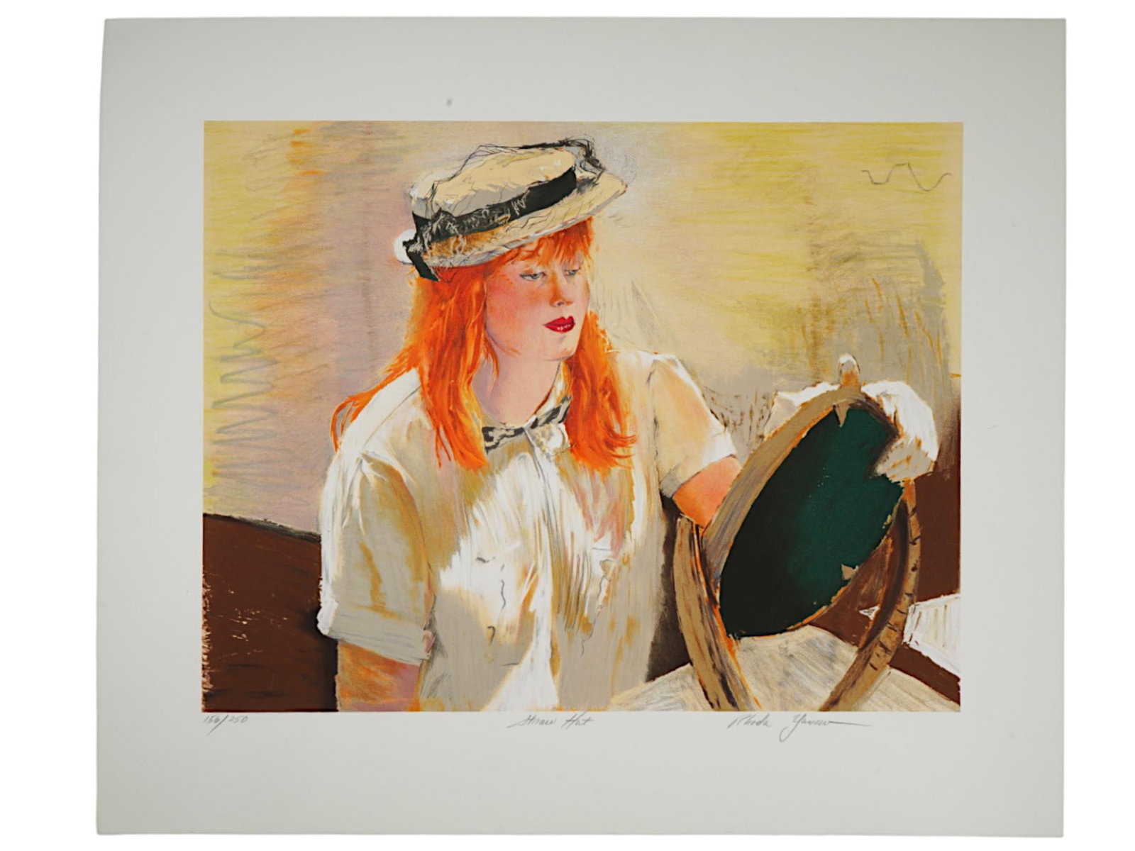 AMERICAN LIMITED EDITION LITHOGRAPH BY RHODA YANOW: An American limited edition lithograph by Rhoda Yanow. The lithograph depicts a portrait of a young, red haired girl trying on a straw hat in front of a mirror. Signed in pencil lower right. Titled St