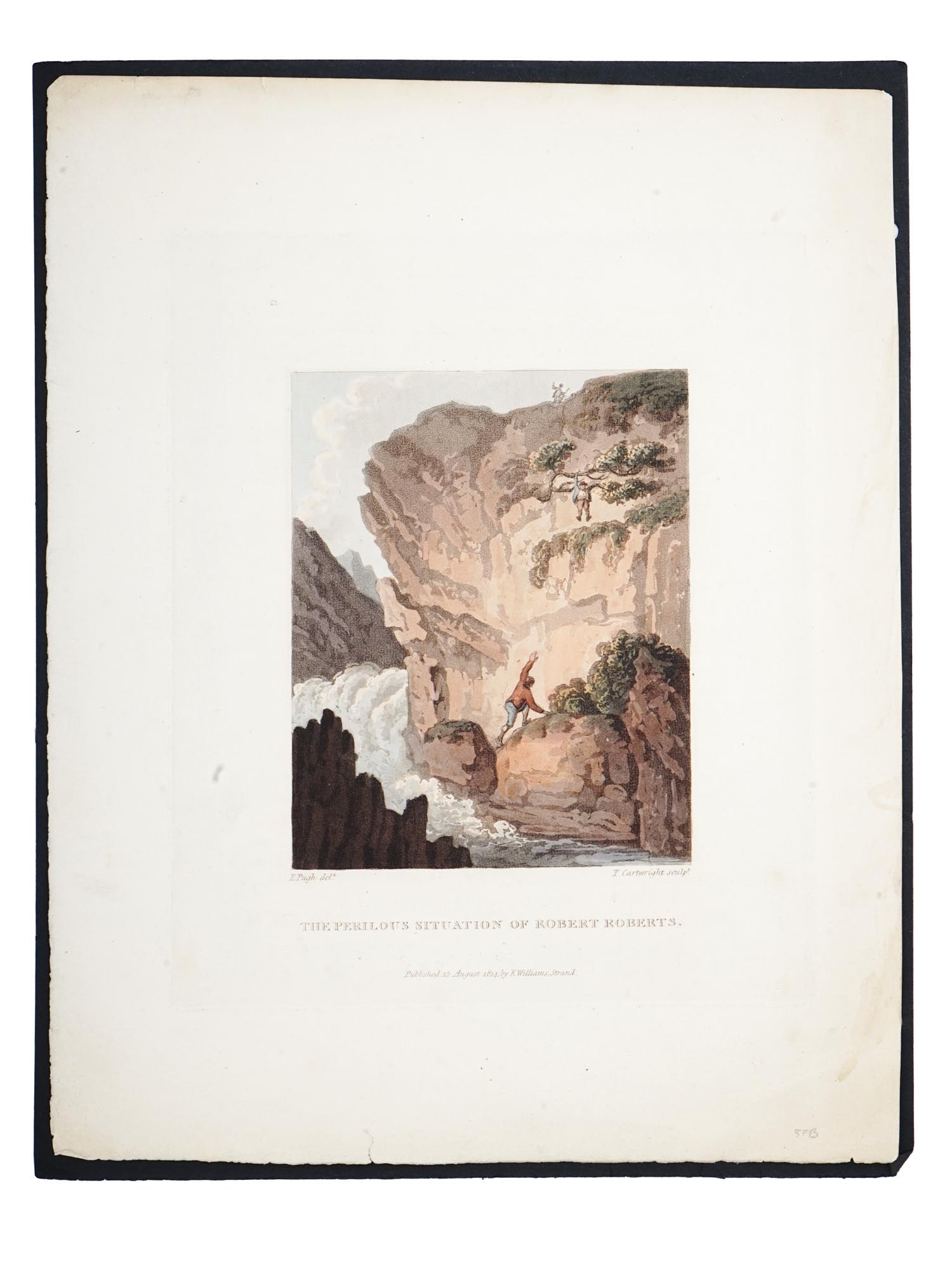 ANTIQUE ROBERT ROBERTS AQUATINT BY THOMAS CARTWRIGHT: Thomas Cartwright, British, circa 1792 to 1816, color aquatint on paper, Portrait of The Perilous Situation of Robert Roberts, 1814. Inscribed in the print, lower right and left. Titled and marked in 