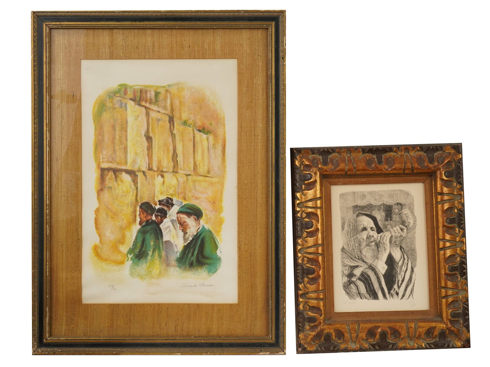 JUDAICA LITHOS SANDU LIBERMAN AND EMANUEL SHARY: A pair of mid-century Judaica lithographs. A pencil-signed and numbered, depicting worshippers before the Kotel, signed Sandu Liberman and a monochrome print of an elderly man in a tallit blowing the 