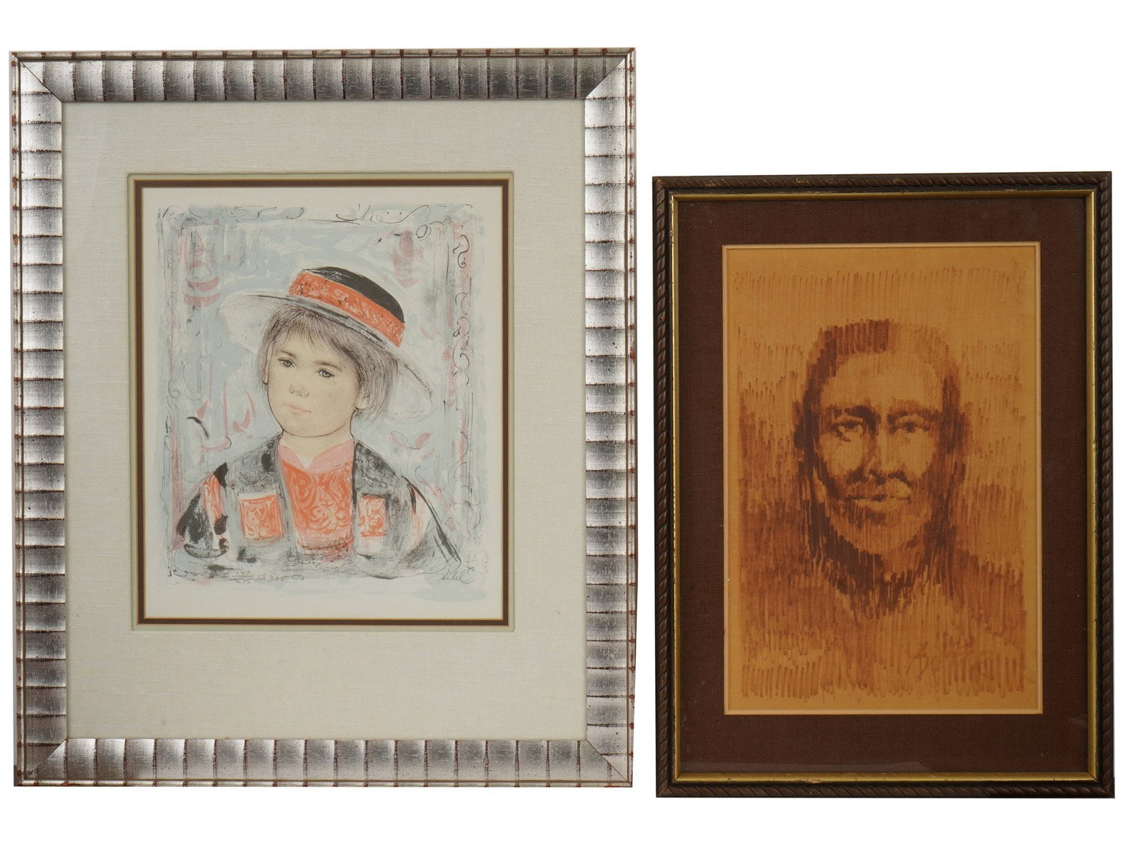 EDNA HIBEL LIMITED EDITION PORTRAIT LITHOGRAPH: Edna Hibel, American, 1917 to 2014, color lithograph on paper. Portrait of a boy. Titled Pierre. Signed lower right. Numbered 147 out of 175, ed. 335. Framed. The lot also includes a framed monochrome