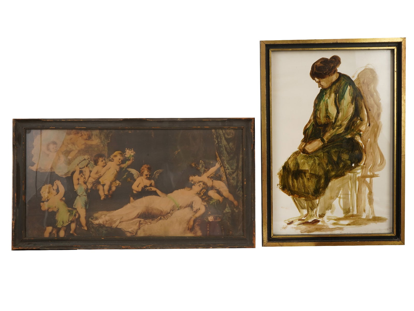 VINTAGE PAINTING AND LITHOGRAPH AFTER FRANZ LEFLER: A lot of two vintage artworks on paper. First. Hand-colored lithograph, after the painting titled Wedding Dream by Austrian artist Franz Lefler, 1831 to 1898. Second. Watercolor painting, sketch of a 