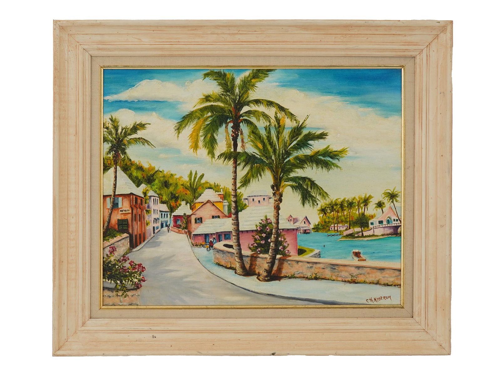 MIDCENT BERMUDA COAST PAINTING SIGNED C.H. NYSTROM: A mid-century oil painting on canvas laid on board, signed C. H. Nystrom lower right and additionally inscribed on the verso with the title Flatts Inlet. Depicting a serene Bermuda coastal view. Frame