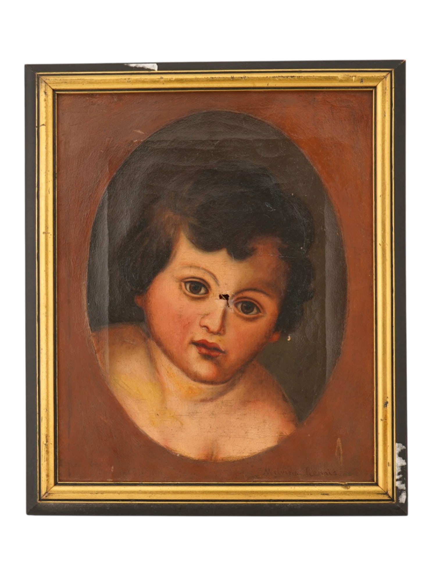 ANTIQUE EUROPEAN SCHOOL OIL PAINTING BY MELVINA RENAIS: An antique European School oil on masonite portrait painting. Illegible signature lower right, presumably Melvina Renais. The painting presents a portrait of a young child with dark curls and large, d